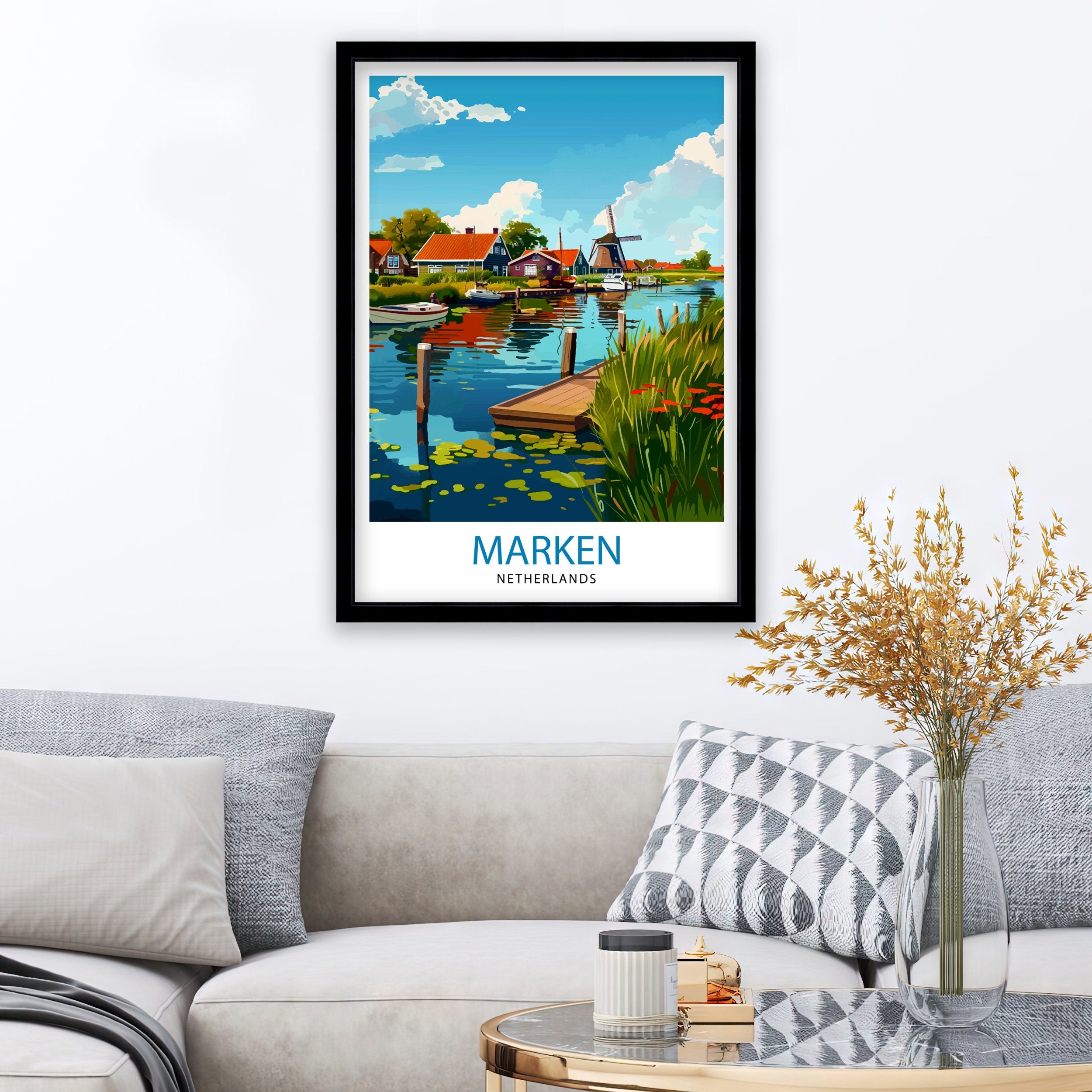 Marken Netherlands Art Poster Dutch Village Charm Print Traditional Houses Wall Decor Netherlands Seaside Illustration Cultural Heritage