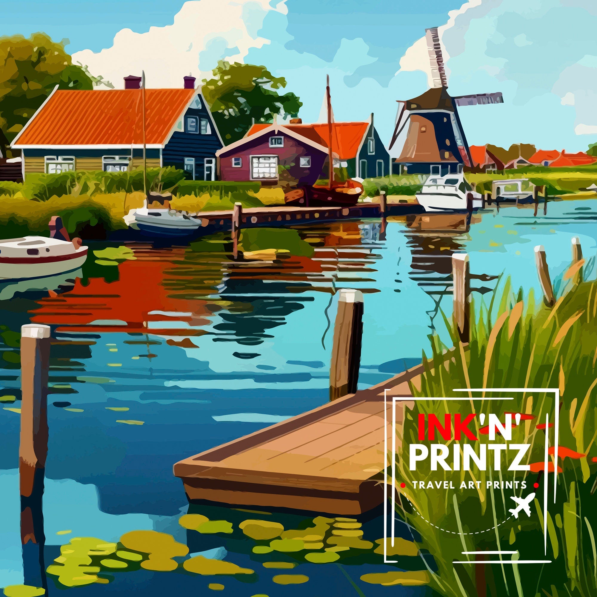 Marken Netherlands Art Poster Dutch Village Charm Print Traditional Houses Wall Decor Netherlands Seaside Illustration Cultural Heritage