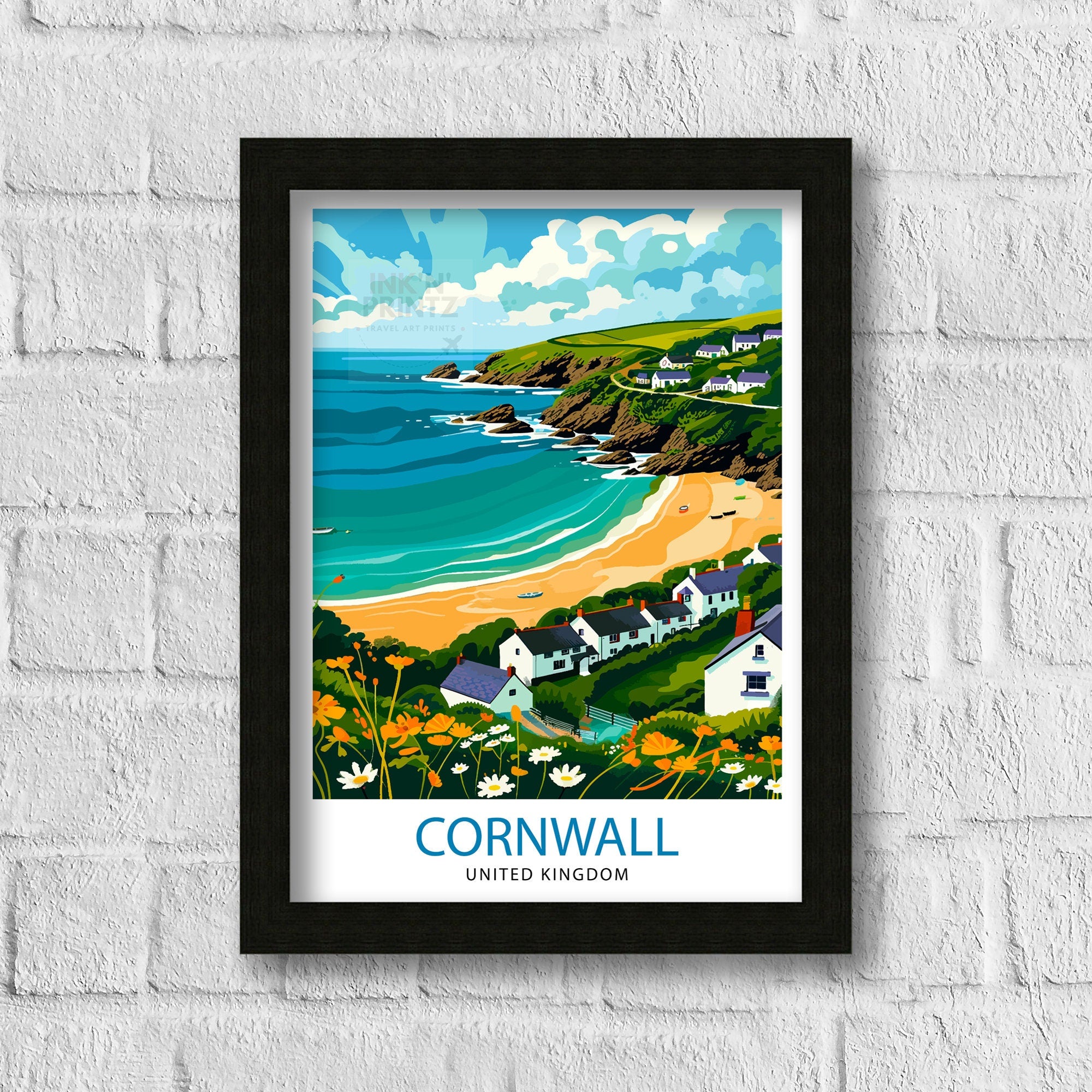 Cornwall United Kingdom Print Coastal Charm Art English Seaside Poster Cornish Coastline Wall Decor British Countryside Illustration