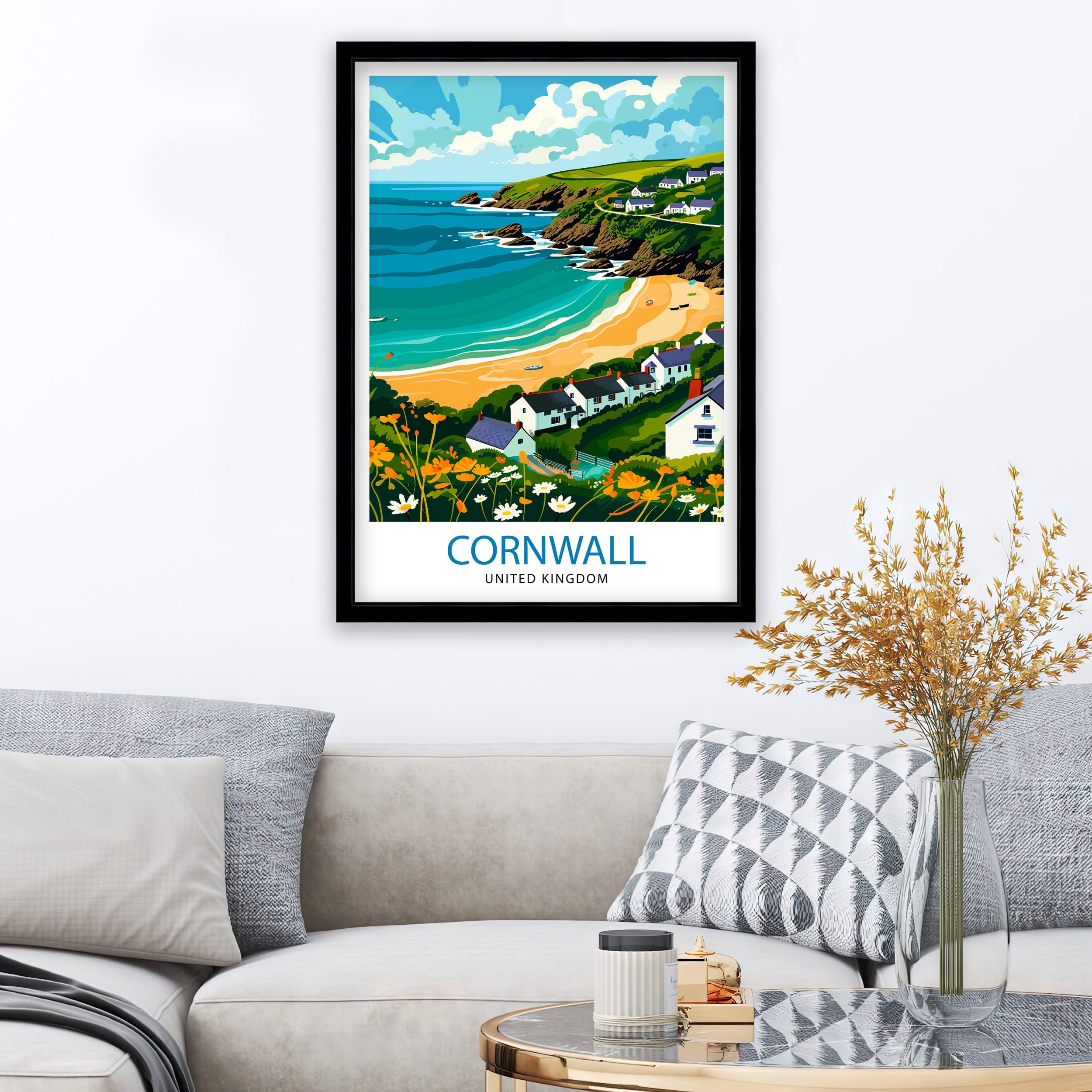 Cornwall United Kingdom Print Coastal Charm Art English Seaside Poster Cornish Coastline Wall Decor British Countryside Illustration