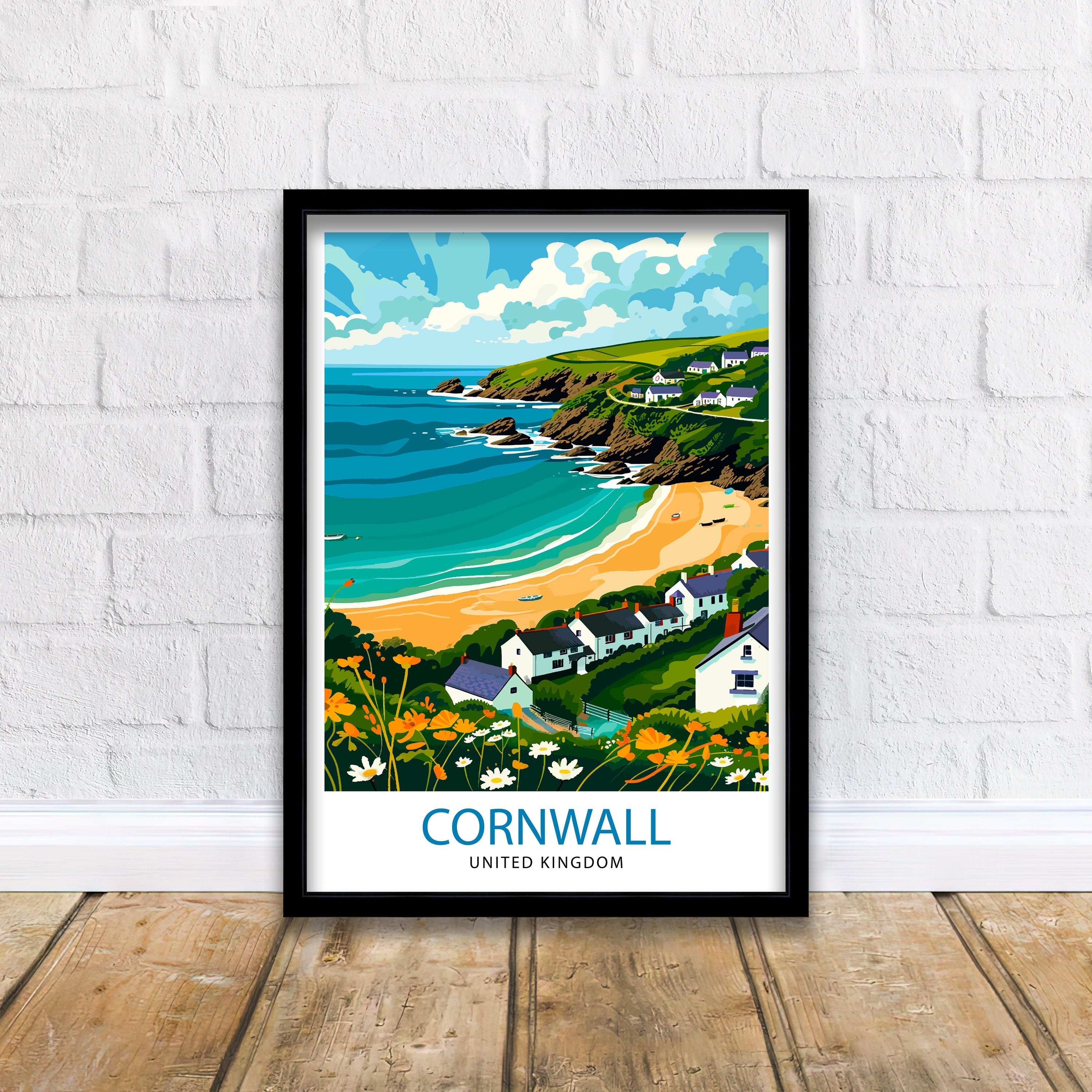 Cornwall United Kingdom Print Coastal Charm Art English Seaside Poster Cornish Coastline Wall Decor British Countryside Illustration