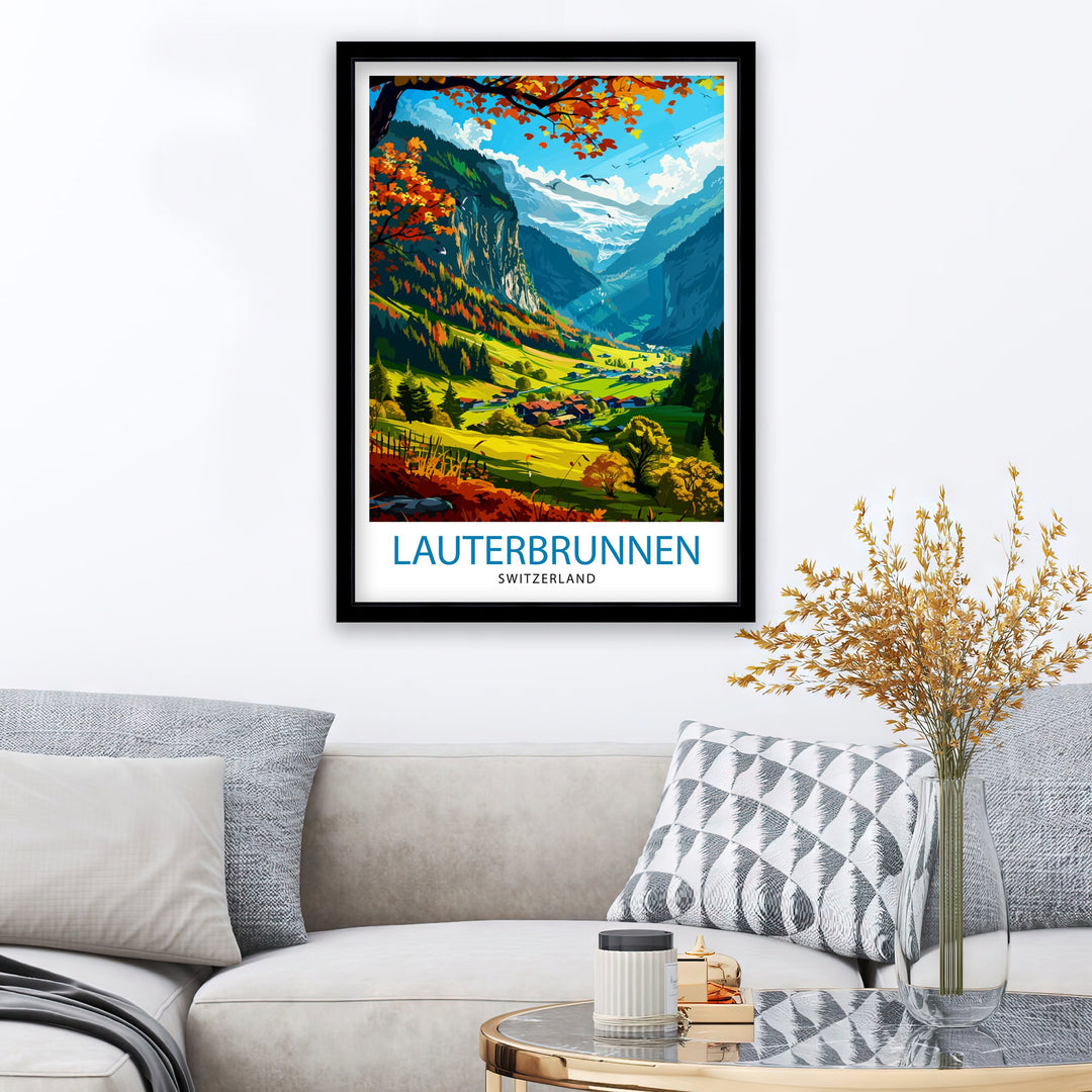 Lauterbrunnen Switzerland Poster Alpine Valley Art Swiss Waterfall Poster Mountain Village