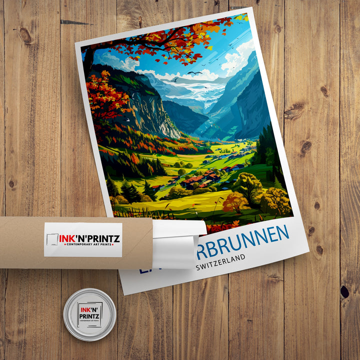 Lauterbrunnen Switzerland Poster Alpine Valley Art Swiss Waterfall Poster Mountain Village