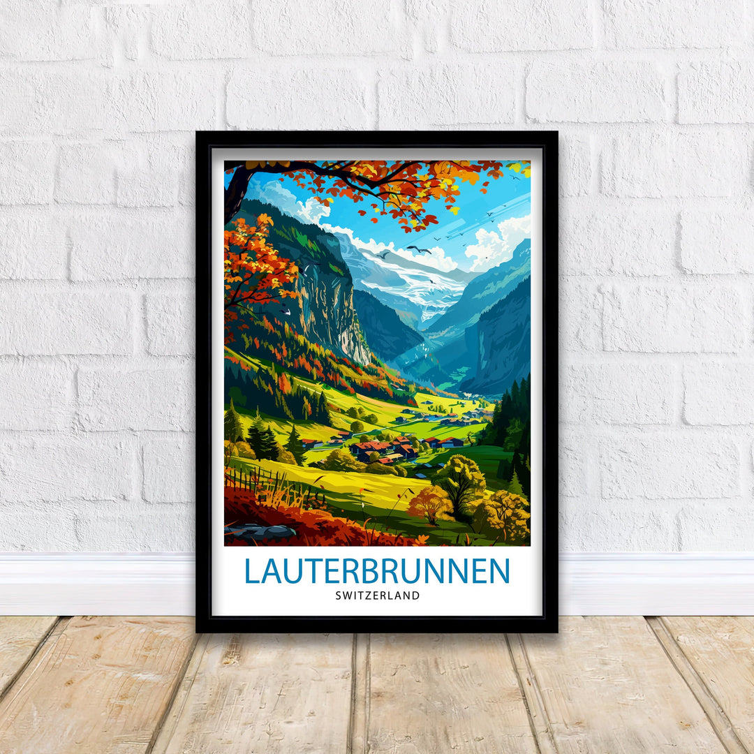 Lauterbrunnen Switzerland Poster Alpine Valley Art Swiss Waterfall Poster Mountain Village