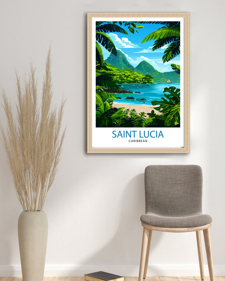 St Lucia Caribbean Travel Poster Exotic Island Paradise Art Pitons View Poster Lush Rainforest