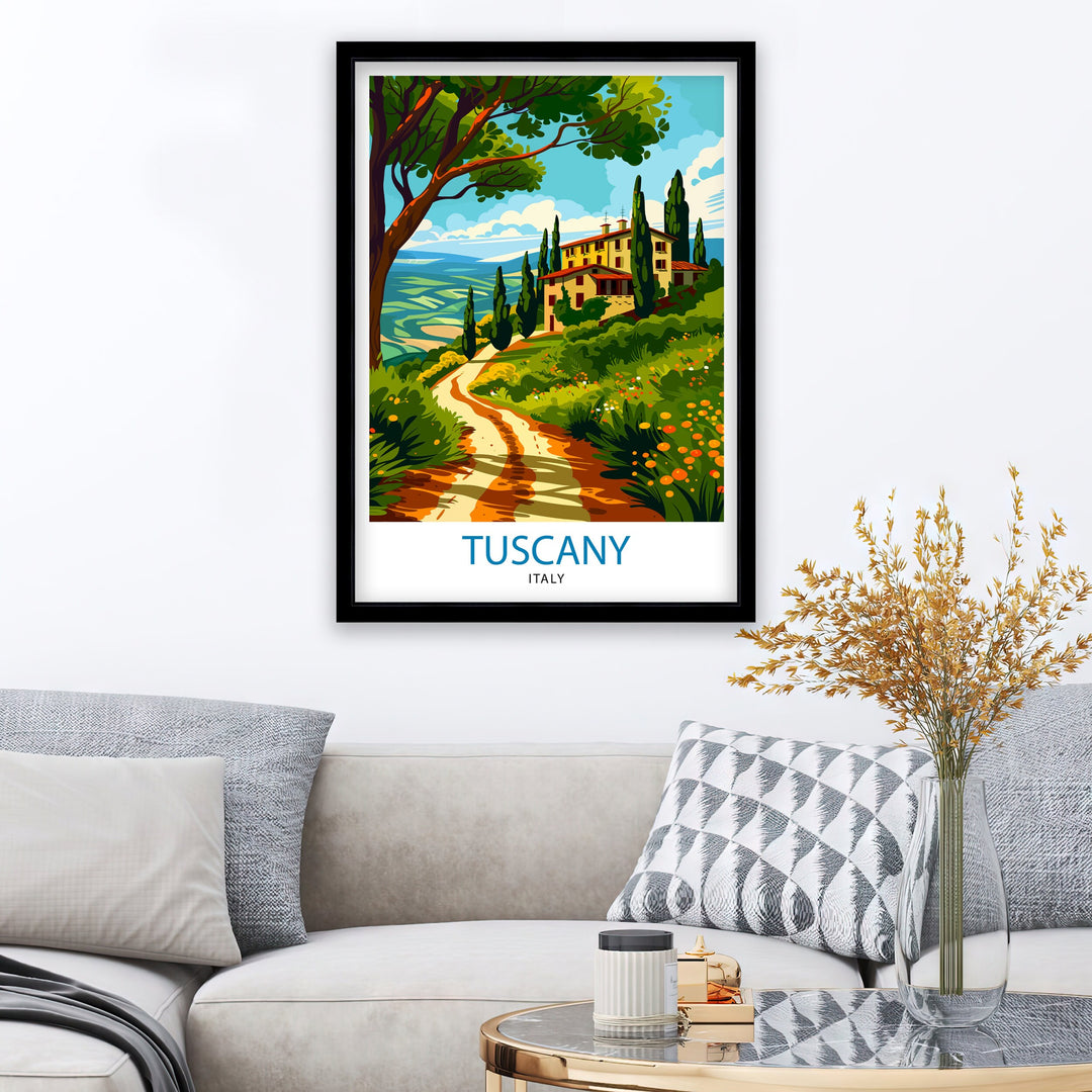 Tuscany Travel Poster Italian Countryside Art Rolling Hills and Vineyards Poster Tuscan Sun