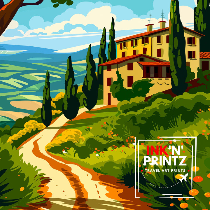 Tuscany Travel Poster Italian Countryside Art Rolling Hills and Vineyards Poster Tuscan Sun