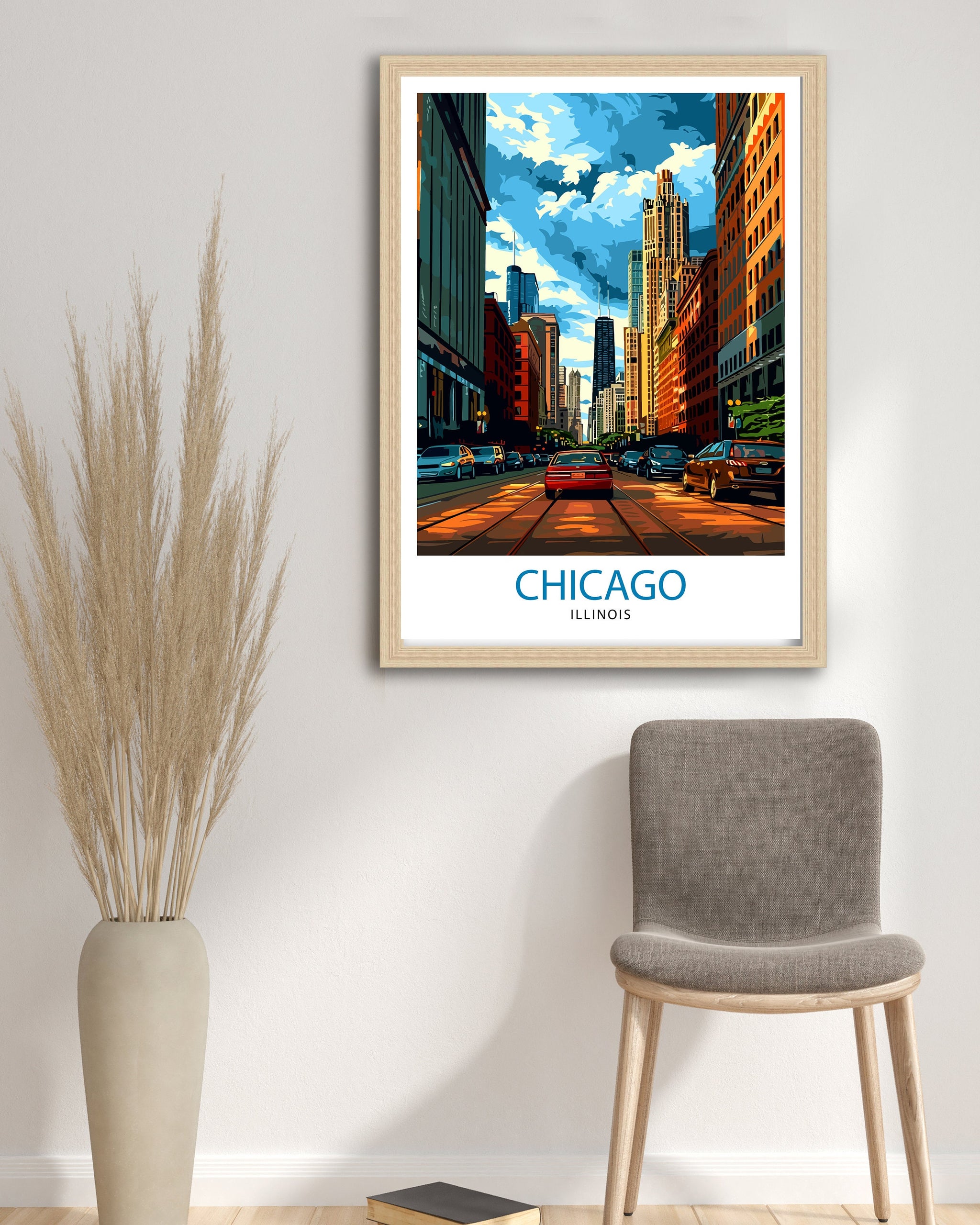 Chicago Travel Print| Chicago Wall Art Chicago Skyline Decor Illinois Travel Poster Chicago Cityscape Art Chicago Gift Chicago Home Decor