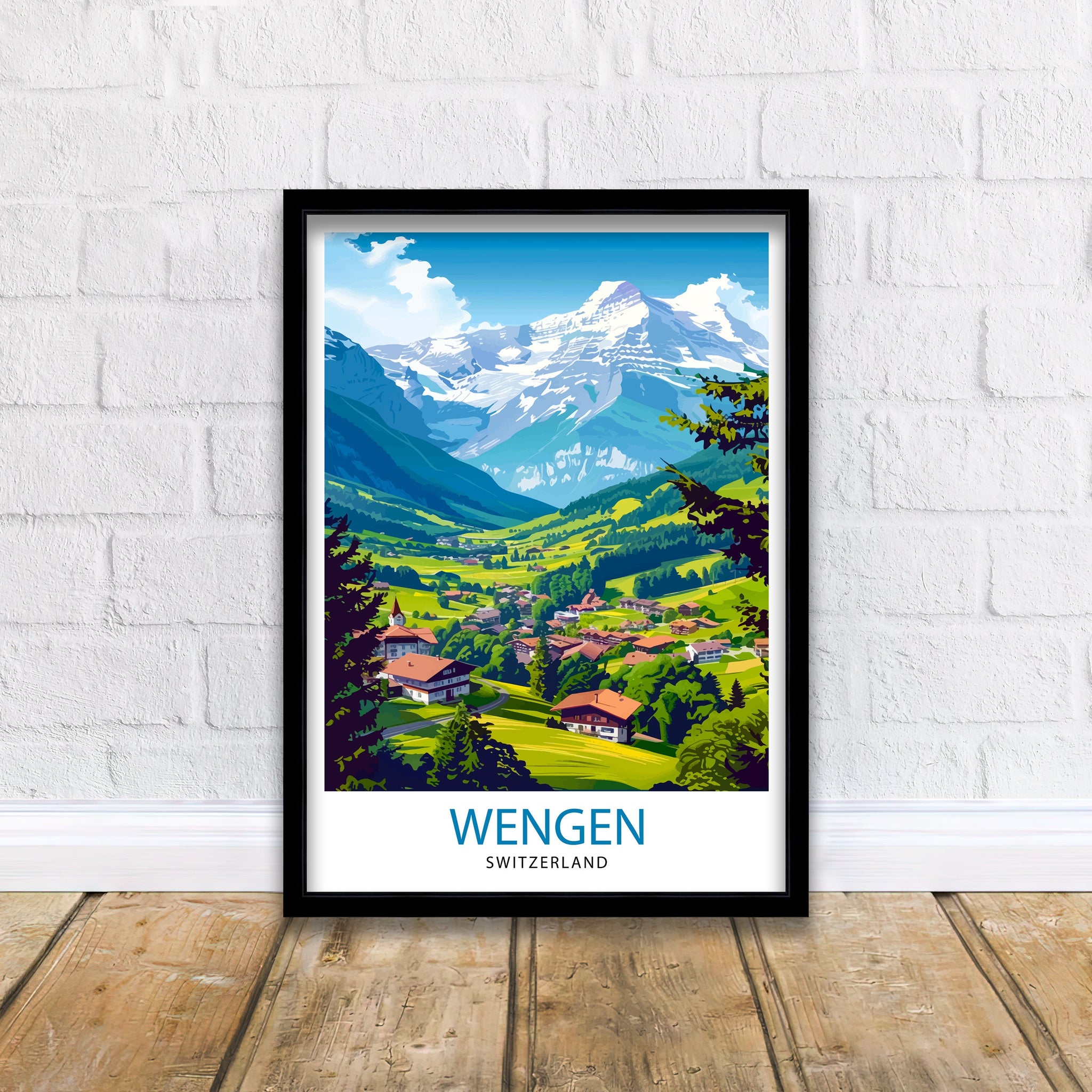 Wengen Switzerland Print Alpine Village Art Swiss Mountainscape Poster Lauterbrunnen Valley Wall Decor Swiss Alps Illustration