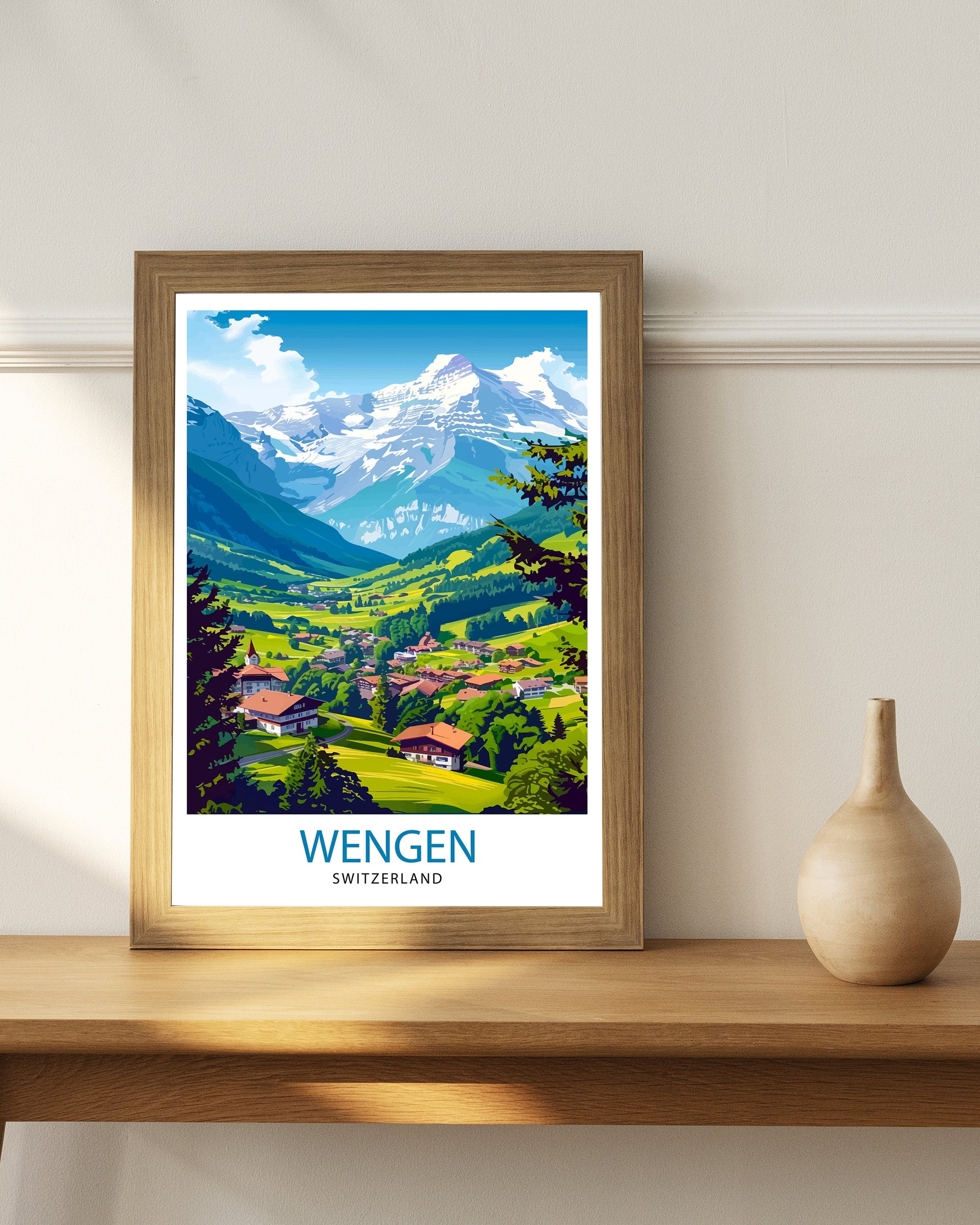 Wengen Switzerland Print Alpine Village Art Swiss Mountainscape Poster Lauterbrunnen Valley Wall Decor Swiss Alps Illustration