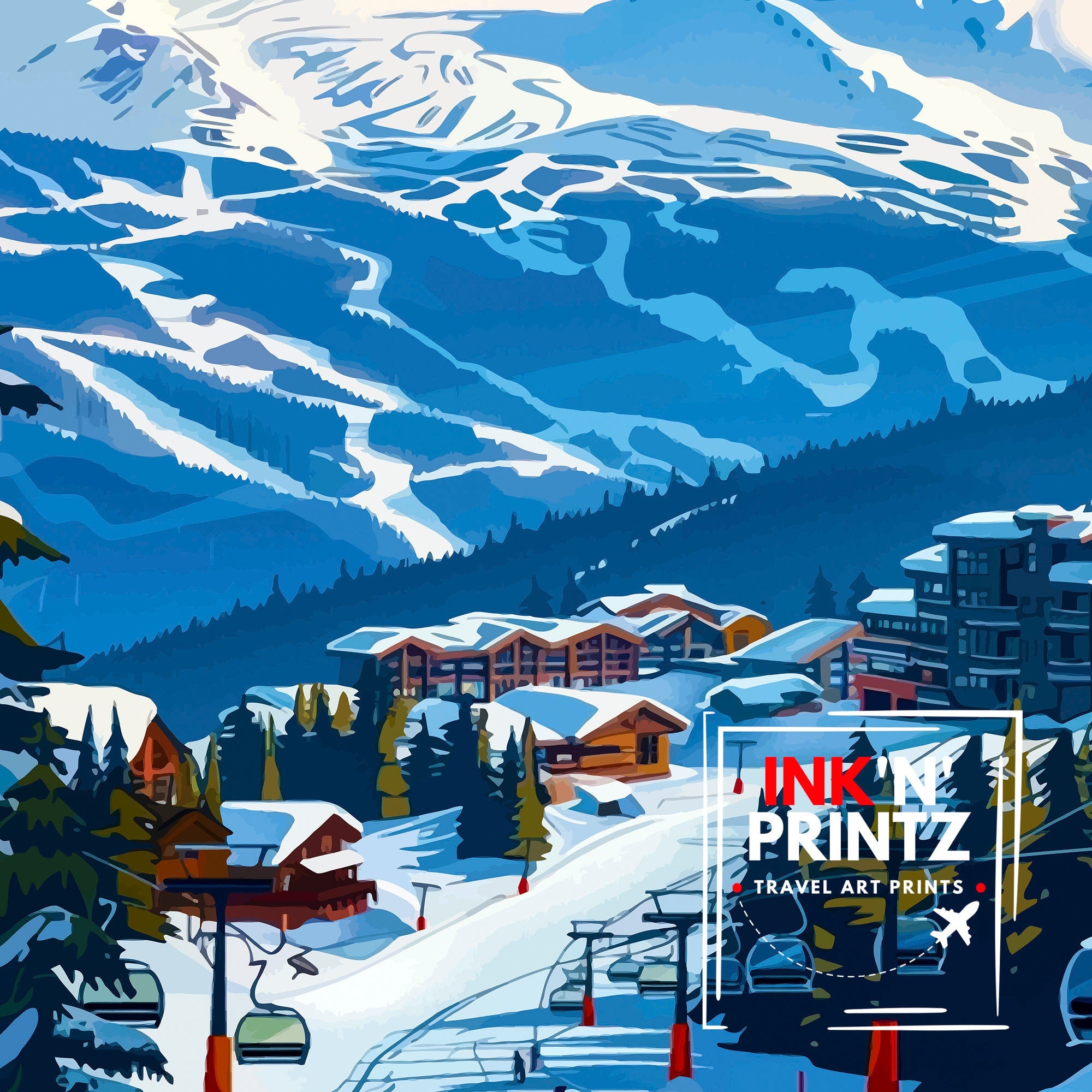 Whistler Ski Resort Travel Poster Canadian Winter Wonderland Art Mountain Slopes Print British Columbia Skiing Wall Decor Alpine Adventure