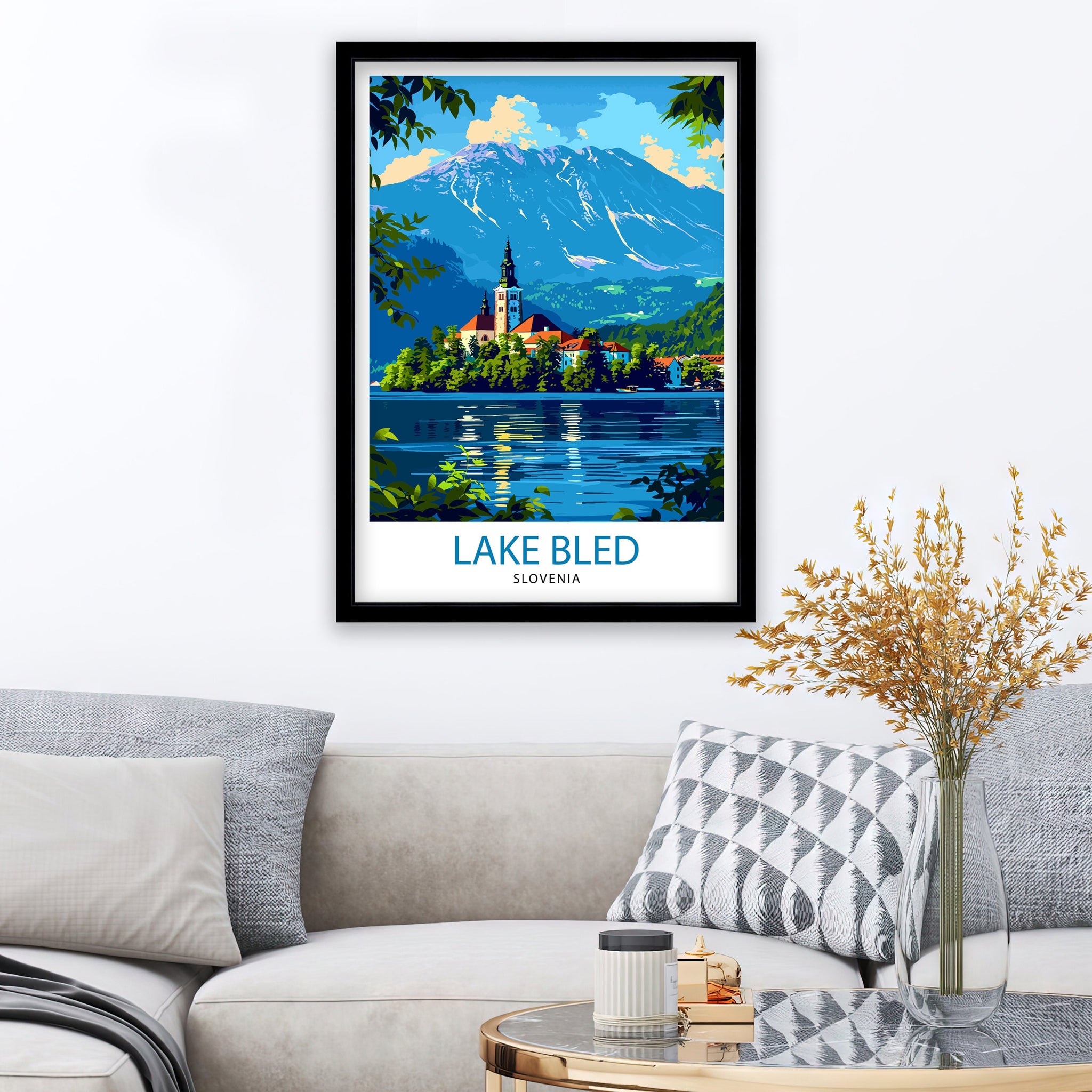Lake Bled Slovenia Travel Poster Alpine Lake Art Bled Castle Print Slovenian Paradise Wall Decor Emerald Waters Illustration European Escape