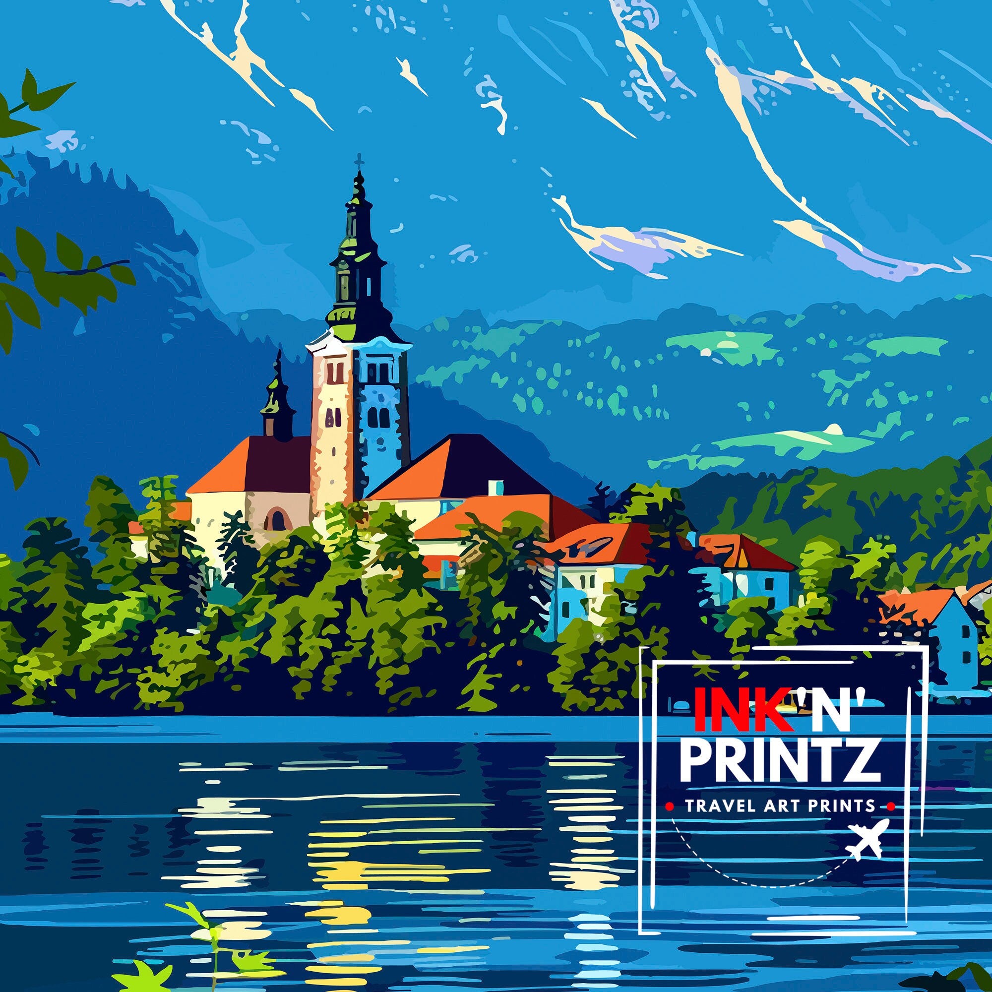 Lake Bled Slovenia Travel Poster Alpine Lake Art Bled Castle Print Slovenian Paradise Wall Decor Emerald Waters Illustration European Escape