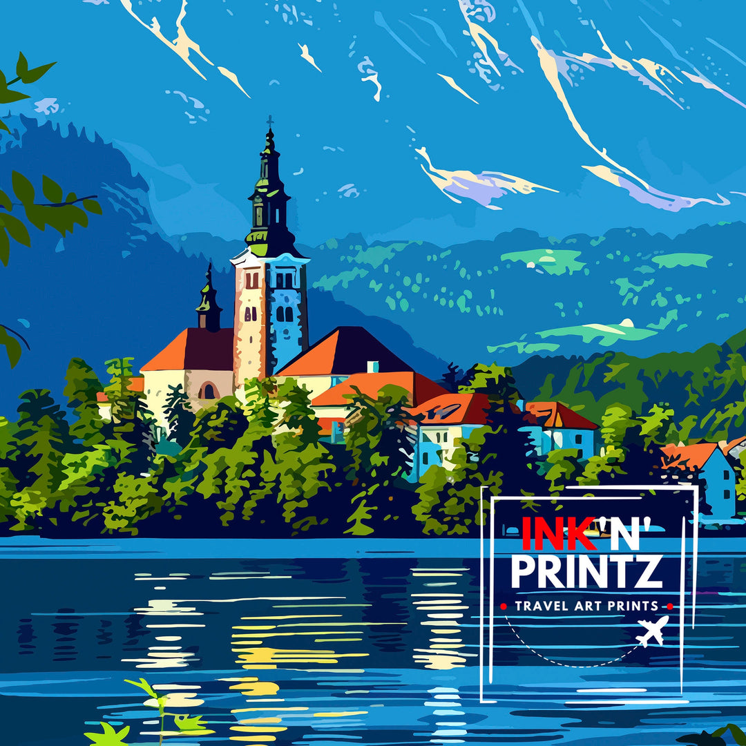 Lake Bled Slovenia Travel Poster Alpine Lake Art Bled Castle Poster Slovenian Paradise