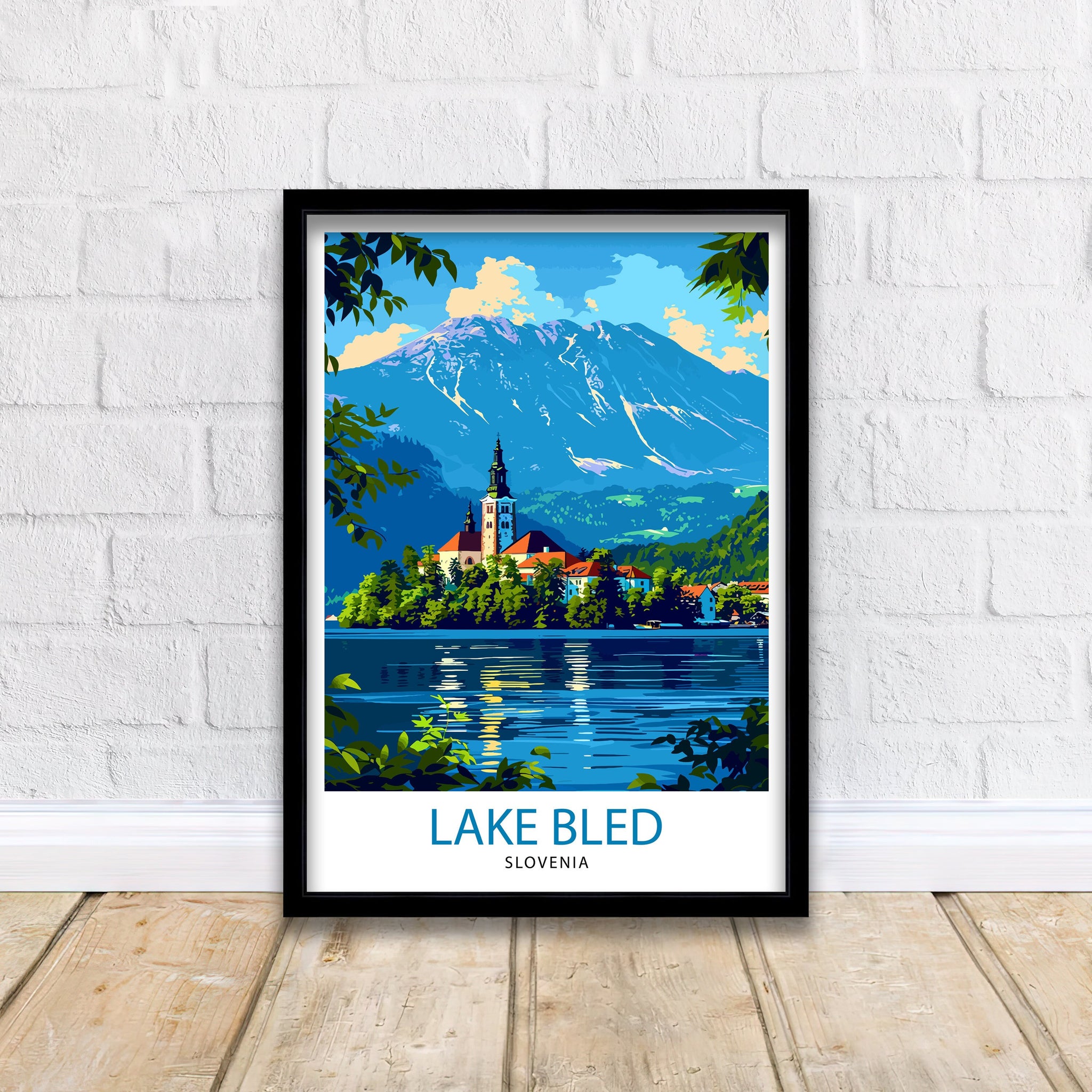 Lake Bled Slovenia Travel Poster Alpine Lake Art Bled Castle Print Slovenian Paradise Wall Decor Emerald Waters Illustration European Escape