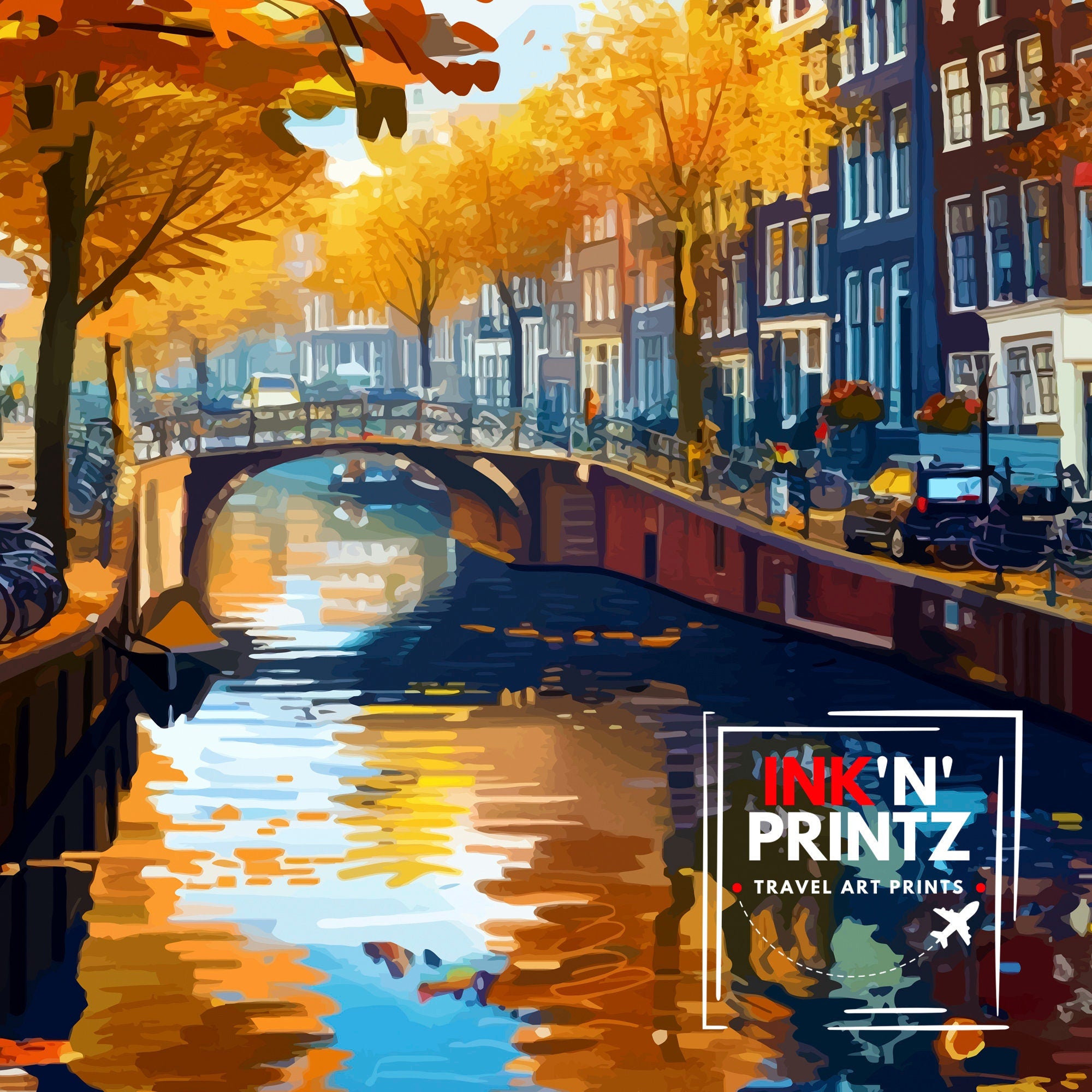 Amsterdam Travel Print Amsterdam Wall Art Amsterdam Cityscape Netherlands Illustration Amsterdam Travel Poster Gift for Amsterdam Lovers