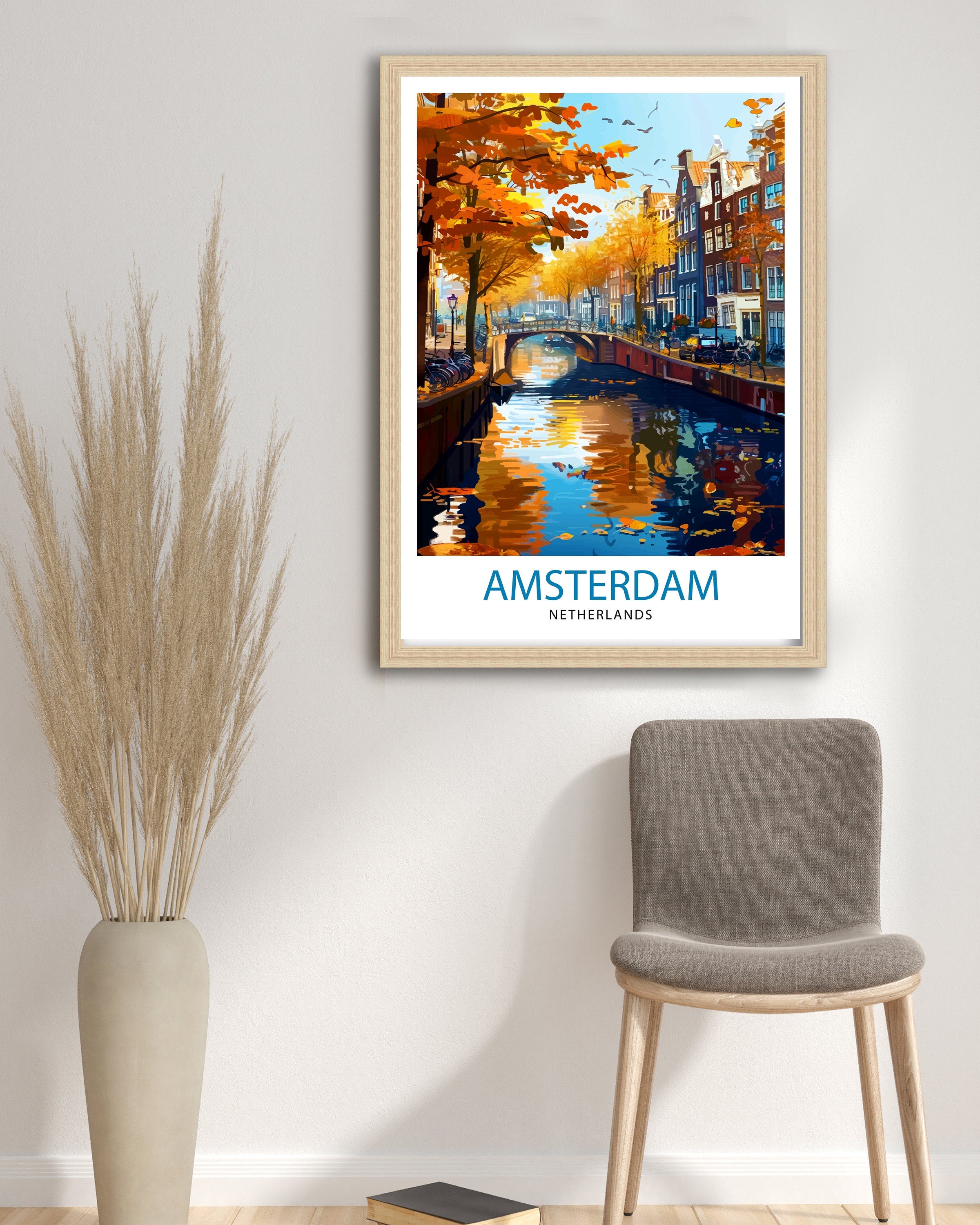 Amsterdam Travel Print Amsterdam Wall Art Amsterdam Cityscape Netherlands Illustration Amsterdam Travel Poster Gift for Amsterdam Lovers