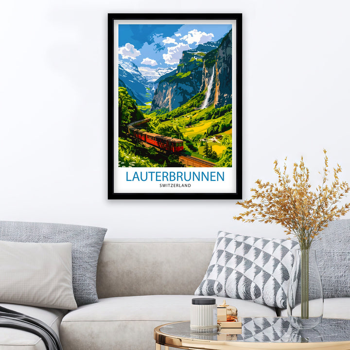 Lauterbrunnen Switzerland Poster Alpine Valley Art Swiss Waterfall Poster Mountain Village