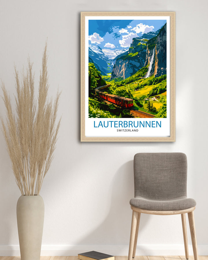 Lauterbrunnen Switzerland Poster Alpine Valley Art Swiss Waterfall Poster Mountain Village