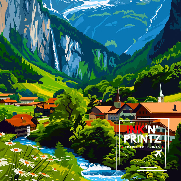 Lauterbrunnen Switzerland Poster Alpine Valley Art Swiss Waterfall Poster Mountain Village