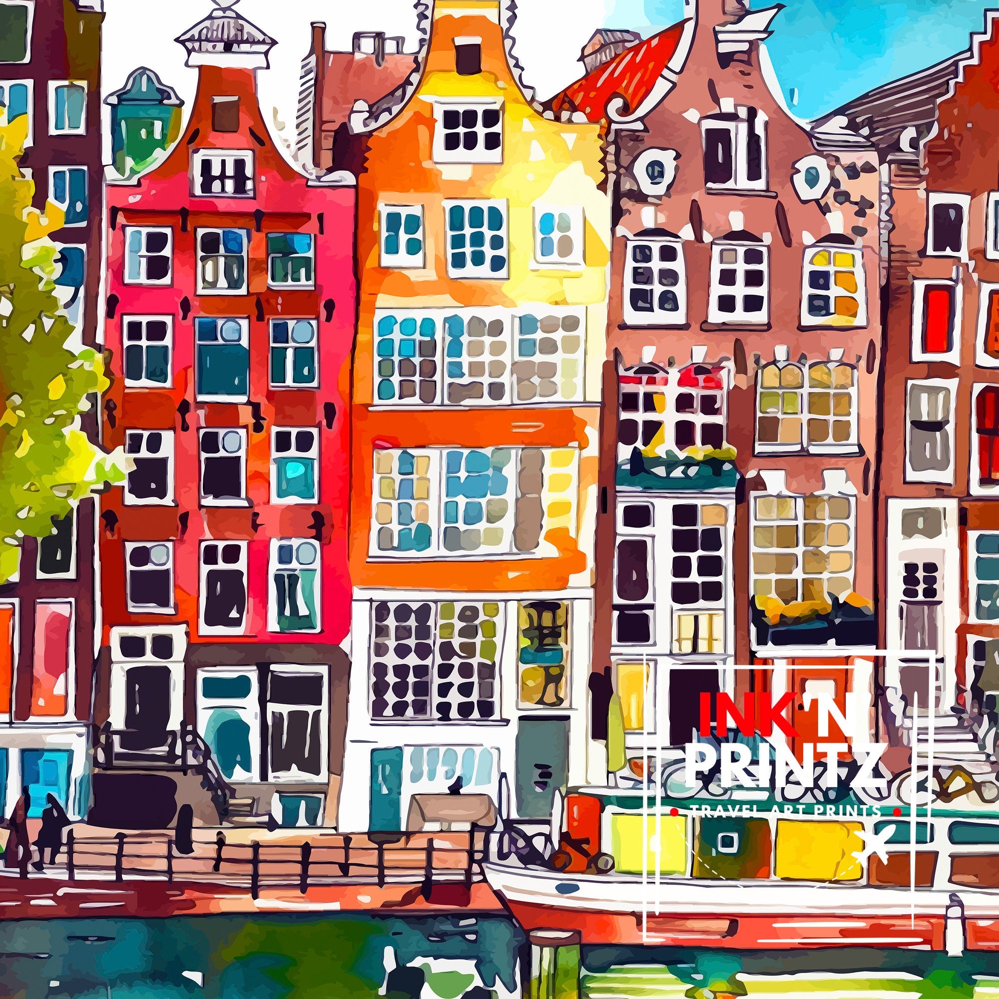 Amsterdam Travel Print Amsterdam Wall Art Amsterdam Cityscape Netherlands Illustration Amsterdam Travel Poster Gift for Amsterdam Lovers