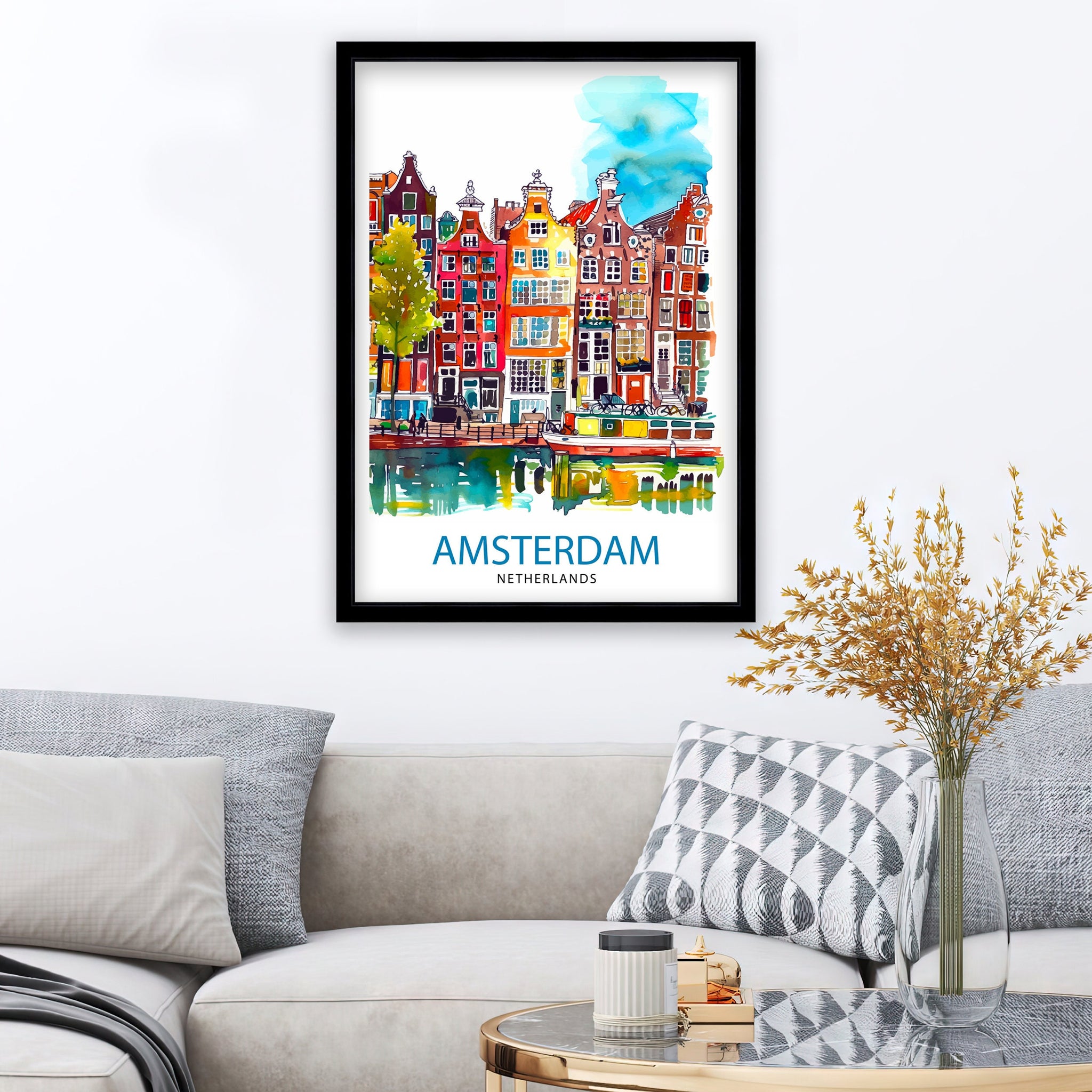 Amsterdam Travel Print Amsterdam Wall Art Amsterdam Cityscape Netherlands Illustration Amsterdam Travel Poster Gift for Amsterdam Lovers