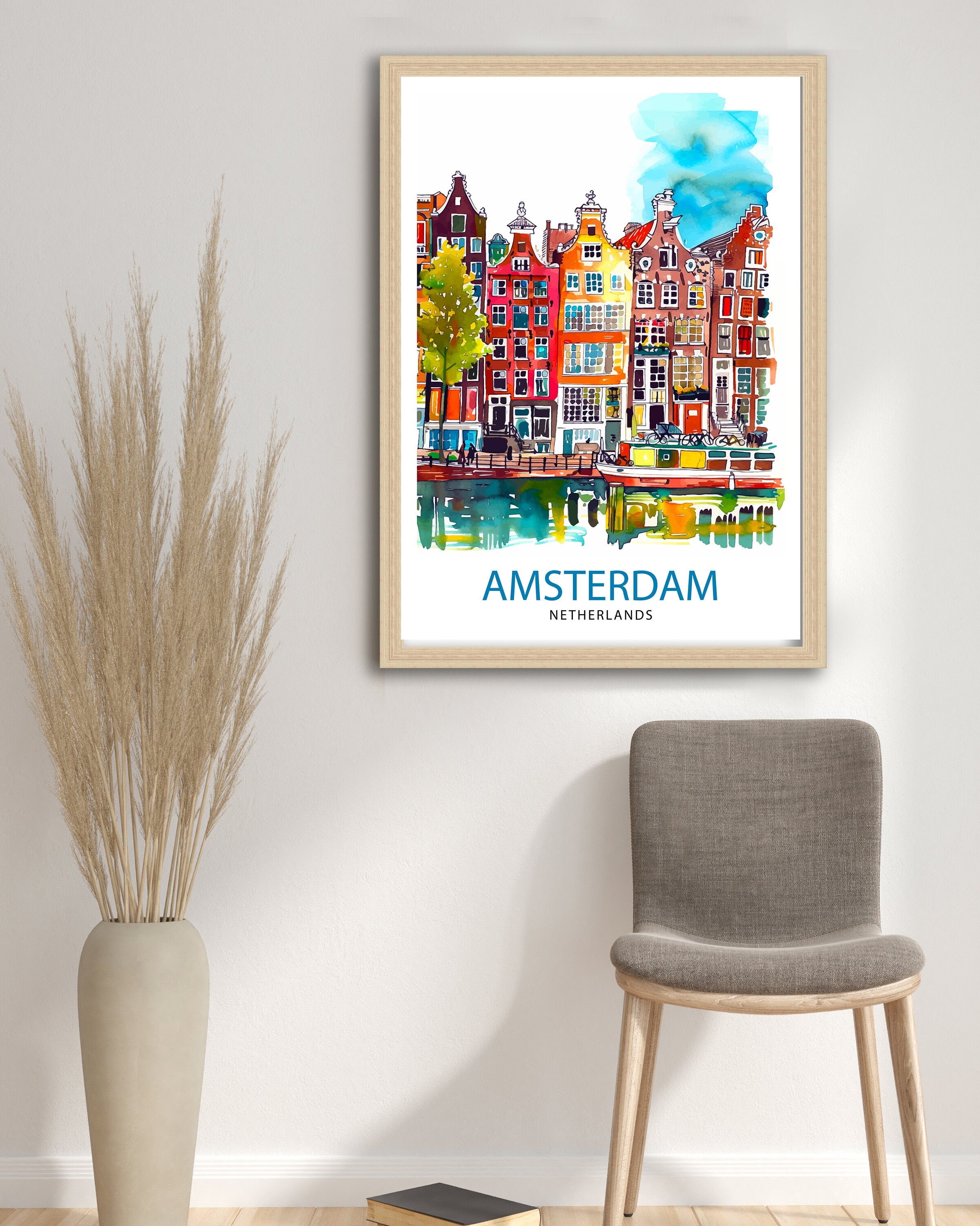 Amsterdam Travel Print Amsterdam Wall Art Amsterdam Cityscape Netherlands Illustration Amsterdam Travel Poster Gift for Amsterdam Lovers