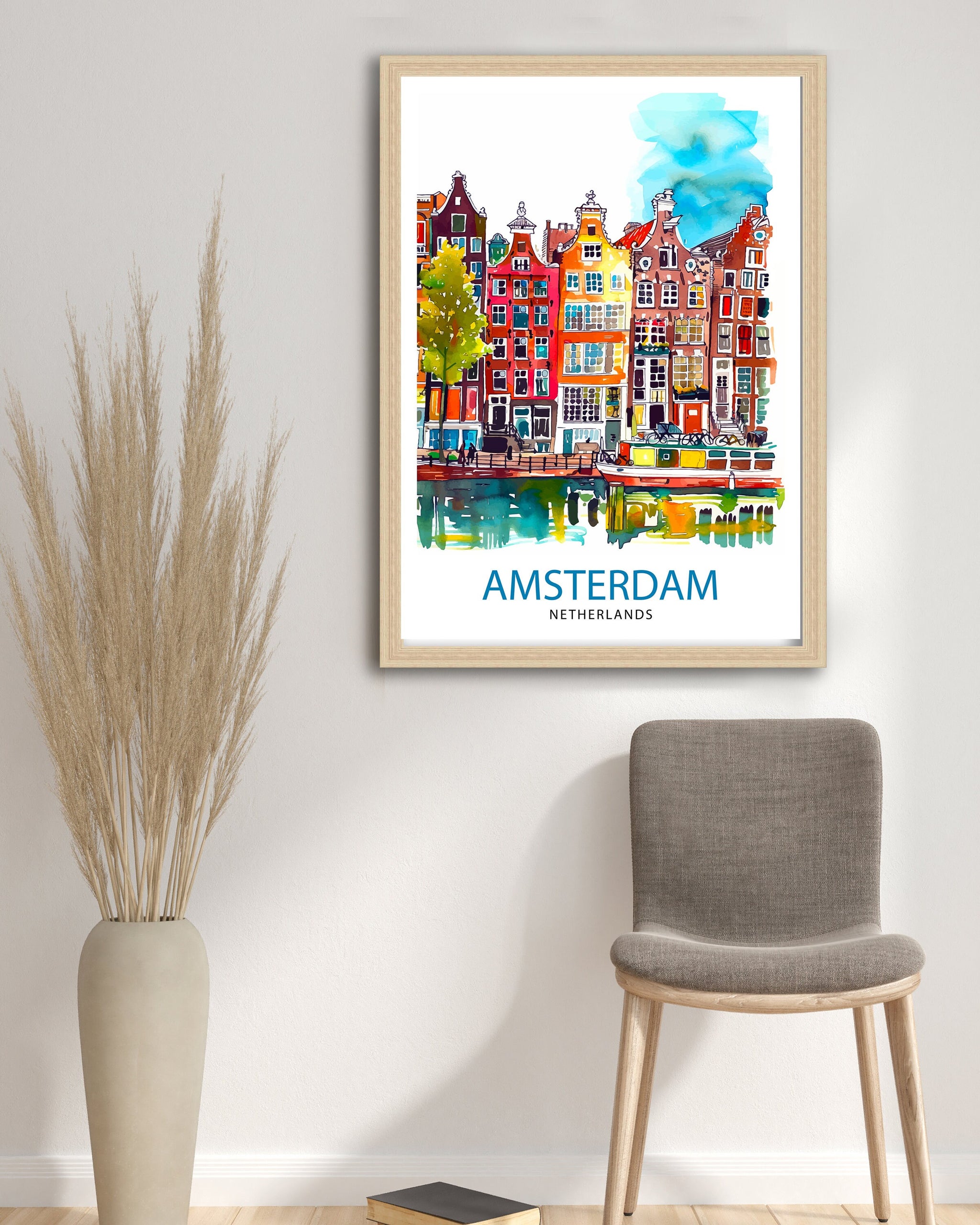 Amsterdam Travel Print Amsterdam Wall Art Amsterdam Cityscape Netherlands Illustration Amsterdam Travel Poster Gift for Amsterdam Lovers