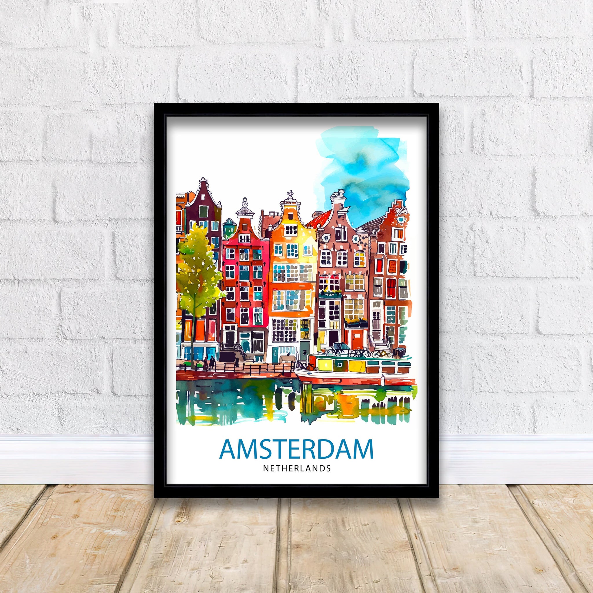 Amsterdam Travel Print Amsterdam Wall Art Amsterdam Cityscape Netherlands Illustration Amsterdam Travel Poster Gift for Amsterdam Lovers
