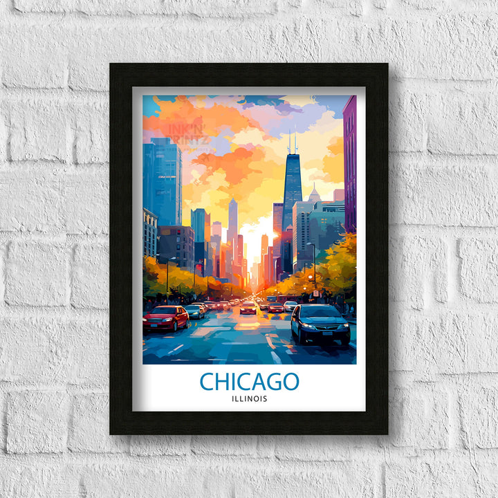 Chicago Travel Print| Chicago Wall Art Chicago Skyline Decor Illinois Travel Poster Chicago Cityscape Art Chicago Gift Chicago Home Decor