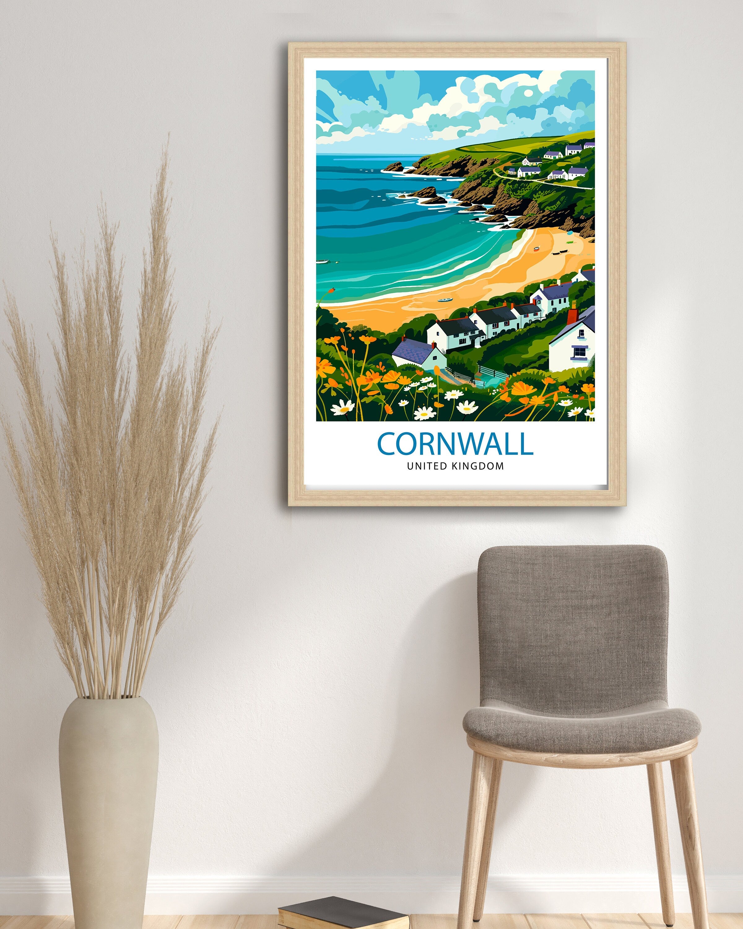 Cornwall United Kingdom Print Coastal Charm Art English Seaside Poster Cornish Coastline Wall Decor British Countryside Illustration