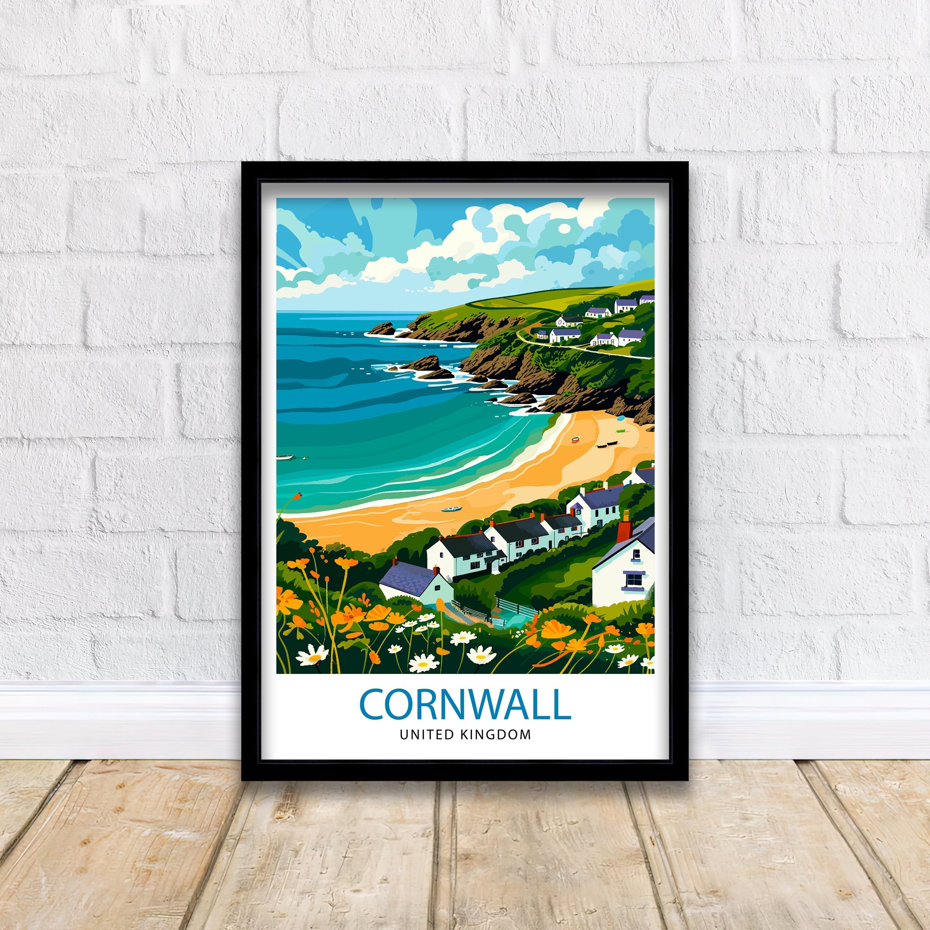 Cornwall United Kingdom Print Coastal Charm Art English Seaside Poster Cornish Coastline Wall Decor British Countryside Illustration