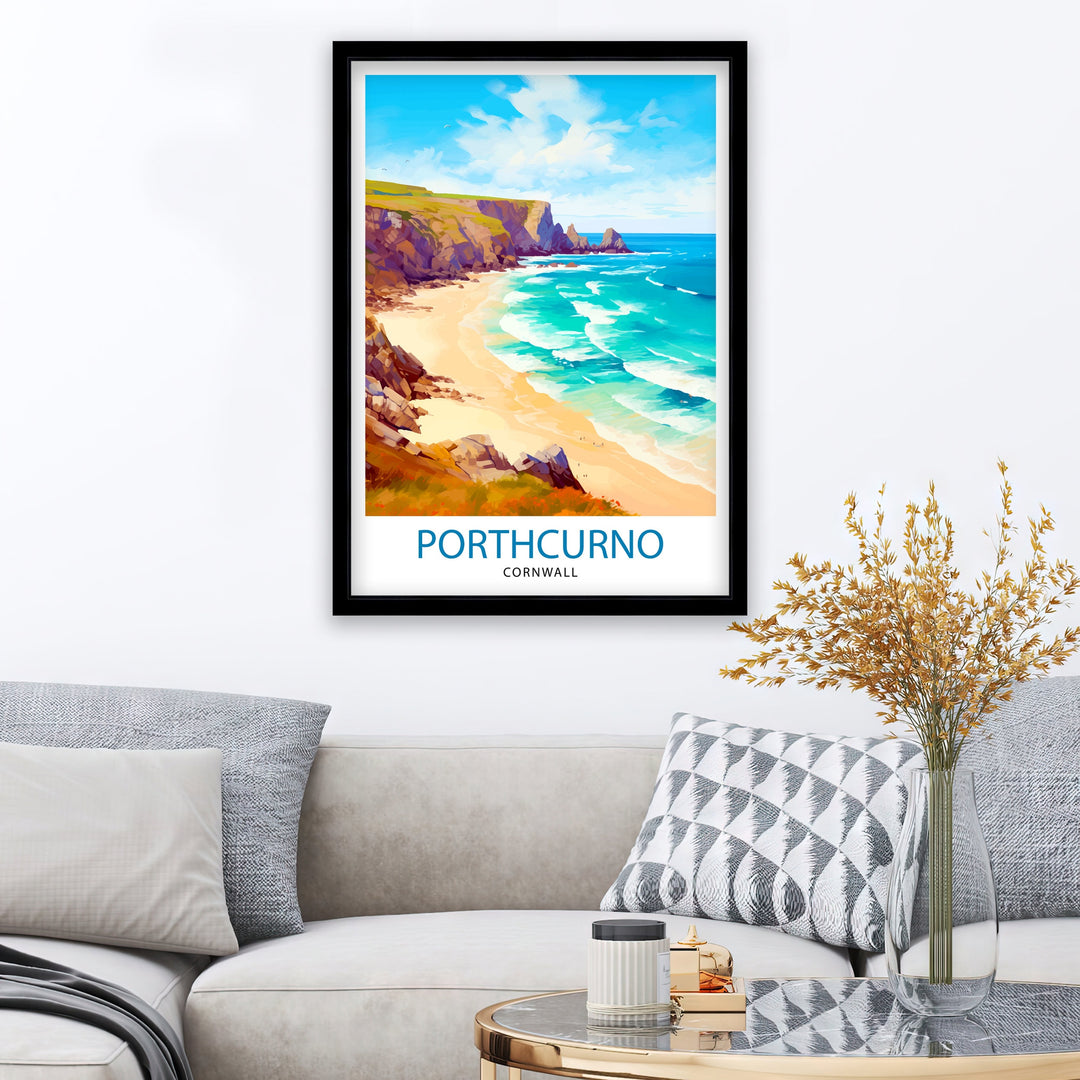 Porthcurno Cornwall Travel Print Porthcurno Wall Art Porthcurno Beach Illustration Cornwall Travel Poster Porthcurno Home Decor