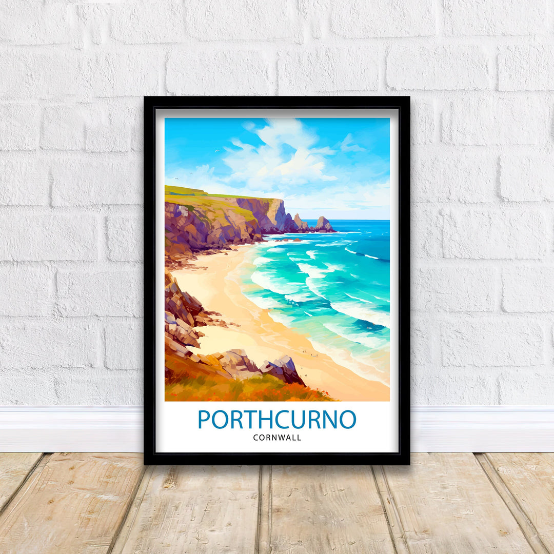 Porthcurno Cornwall Travel Print Porthcurno Wall Art Porthcurno Beach Illustration Cornwall Travel Poster Porthcurno Home Decor