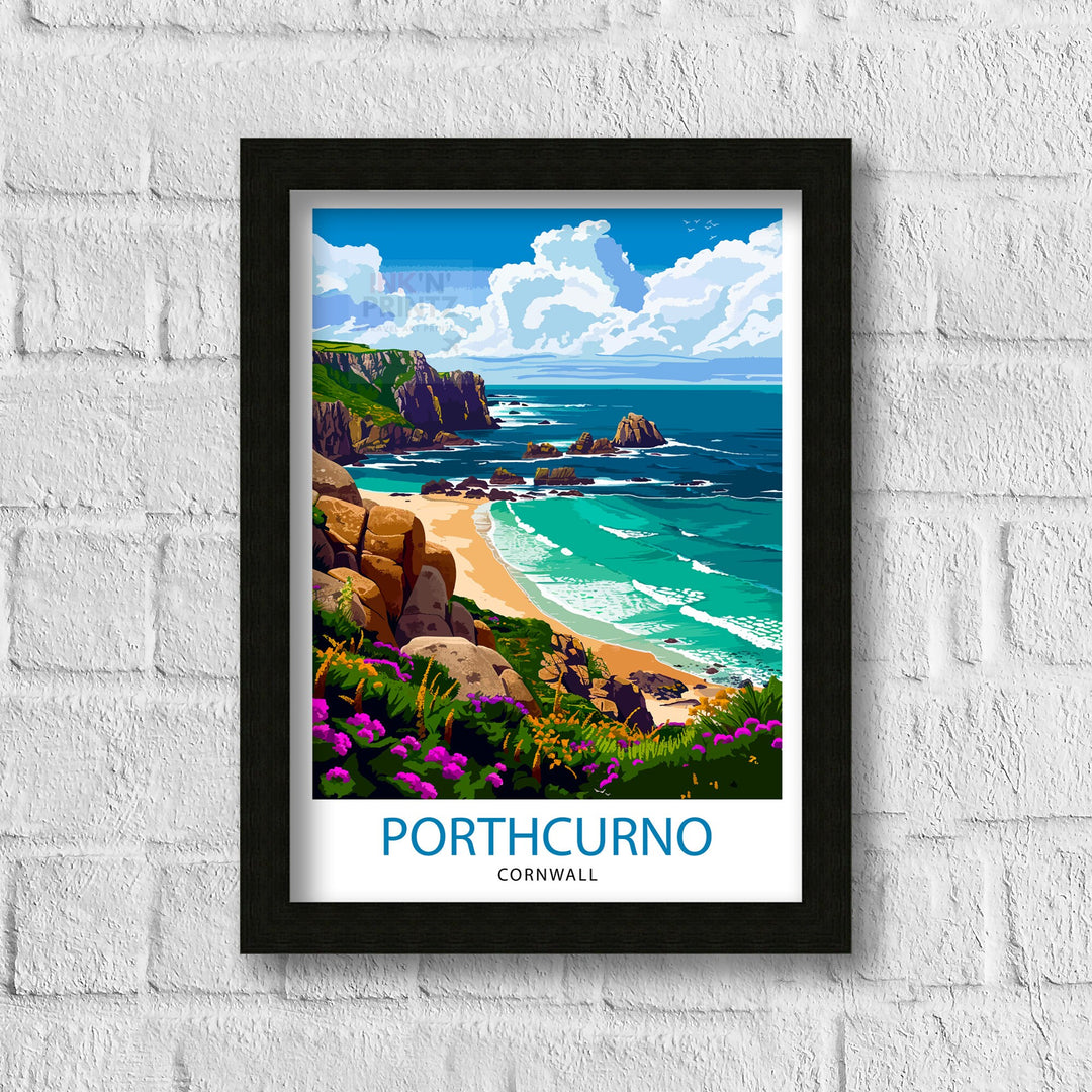 Porthcurno Cornwall Travel Poster Porthcurno Wall Art Porthcurno Beach Illustration Cornwall Travel Poster Porthcurno Home Decor