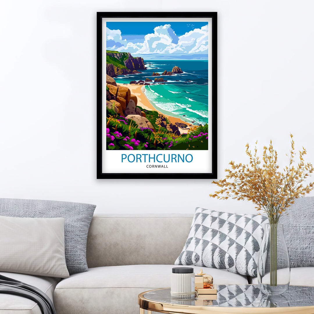 Porthcurno Cornwall Travel Poster Porthcurno Wall Art Porthcurno Beach Illustration Cornwall Travel Poster Porthcurno Home Decor