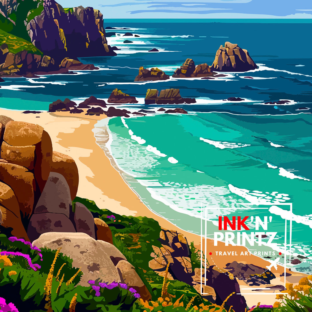 Porthcurno Cornwall Travel Print Porthcurno Wall Art Porthcurno Beach Illustration Cornwall Travel Poster Porthcurno Home Decor