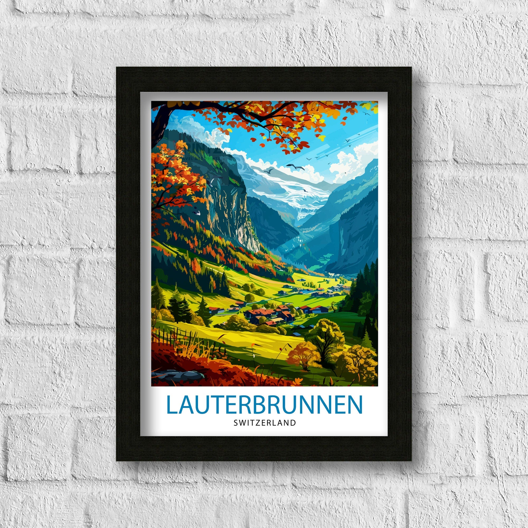 Lauterbrunnen Switzerland Print Alpine Valley Art Swiss Waterfall Poster Mountain Village Wall Decor Swiss Alps Illustration