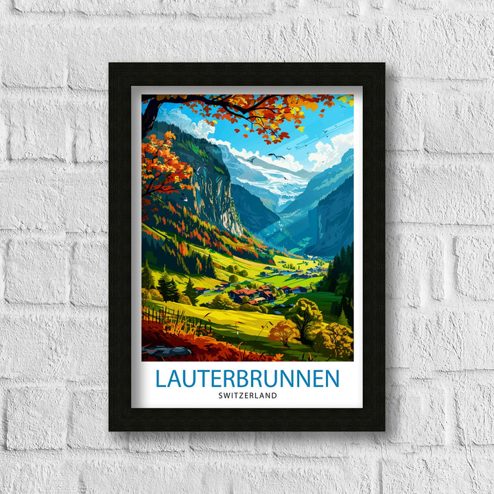 Lauterbrunnen Switzerland Poster Alpine Valley Art Swiss Waterfall Poster Mountain Village