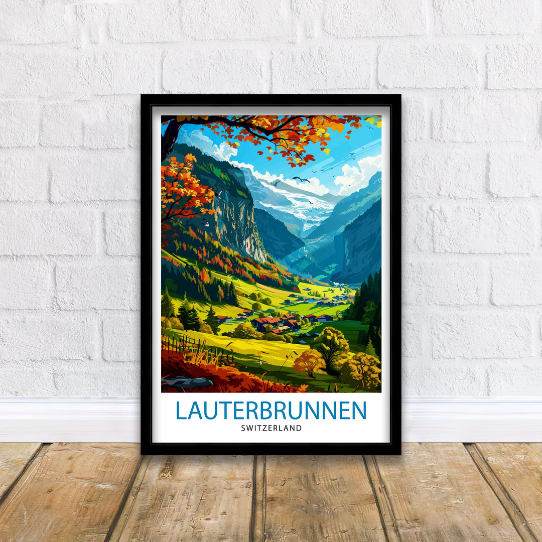 Lauterbrunnen Switzerland Poster Alpine Valley Art Swiss Waterfall Poster Mountain Village