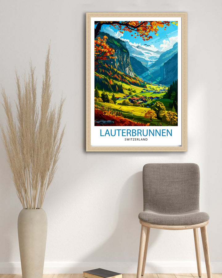 Lauterbrunnen Switzerland Poster Alpine Valley Art Swiss Waterfall Poster Mountain Village