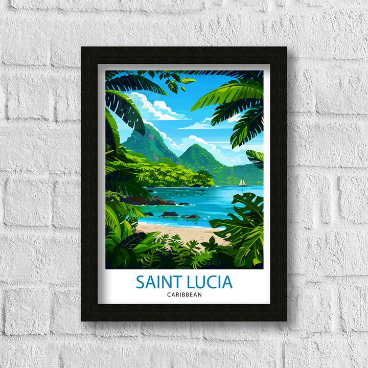 St Lucia Caribbean Travel Poster Exotic Island Paradise Art Pitons View Poster Lush Rainforest