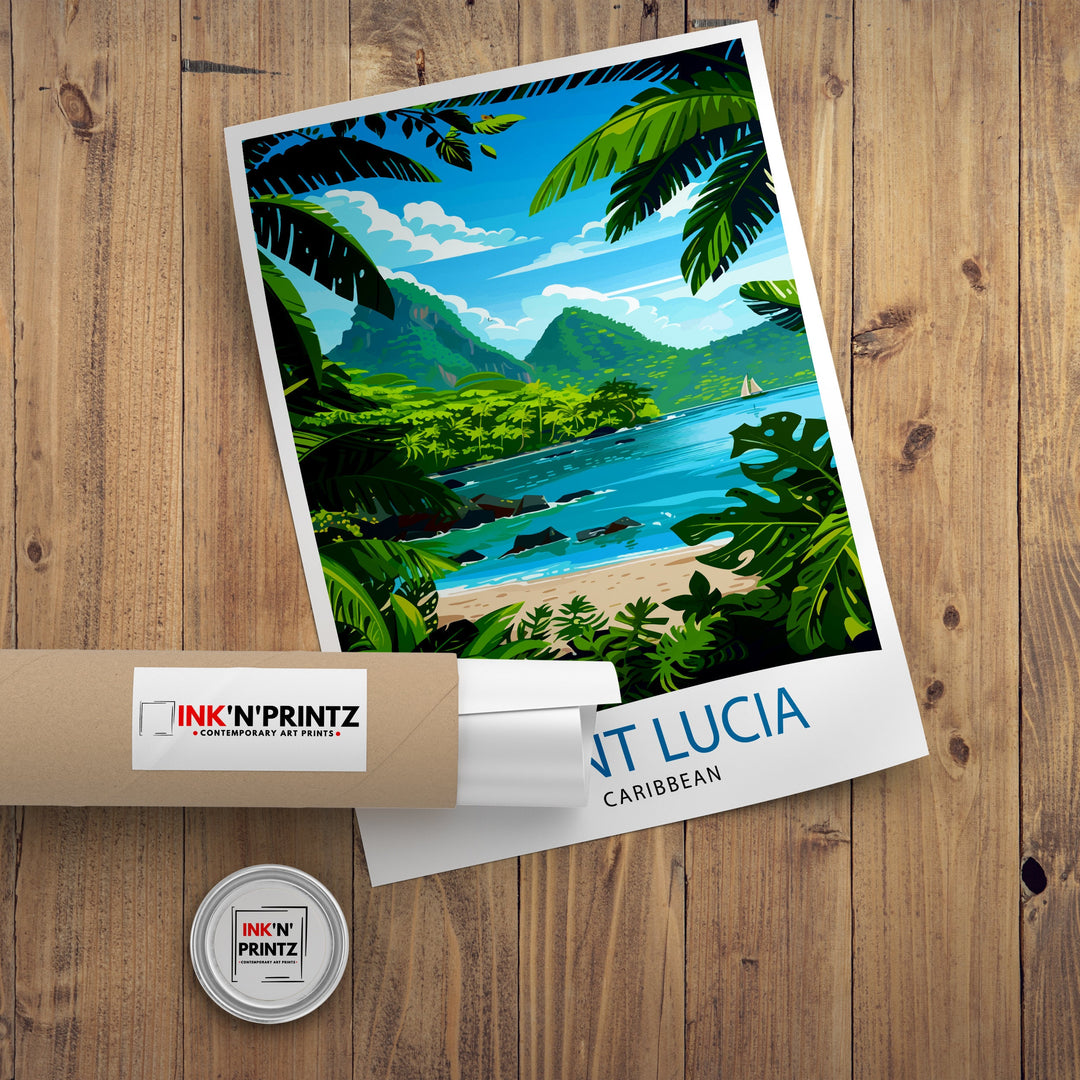 St Lucia Caribbean Travel Poster Exotic Island Paradise Art Pitons View Poster Lush Rainforest