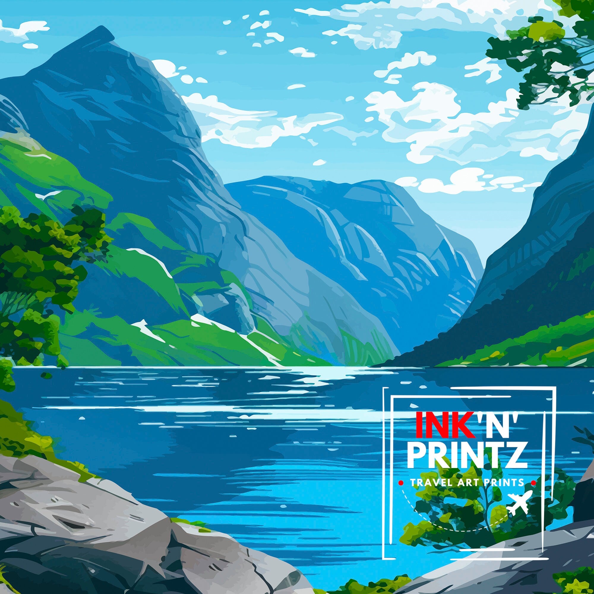 Norwegian Fjords Print Majestic Norway Landscape Art Scenic Fjord Poster Nordic Nature Wall Decor Norway Travel Illustration Beautiful