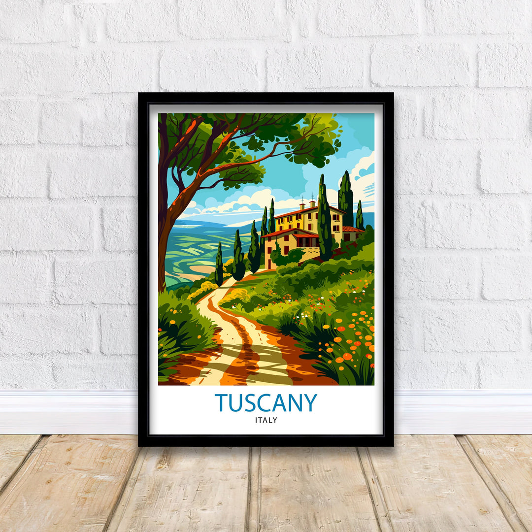 Tuscany Travel Poster Italian Countryside Art Rolling Hills and Vineyards Poster Tuscan Sun