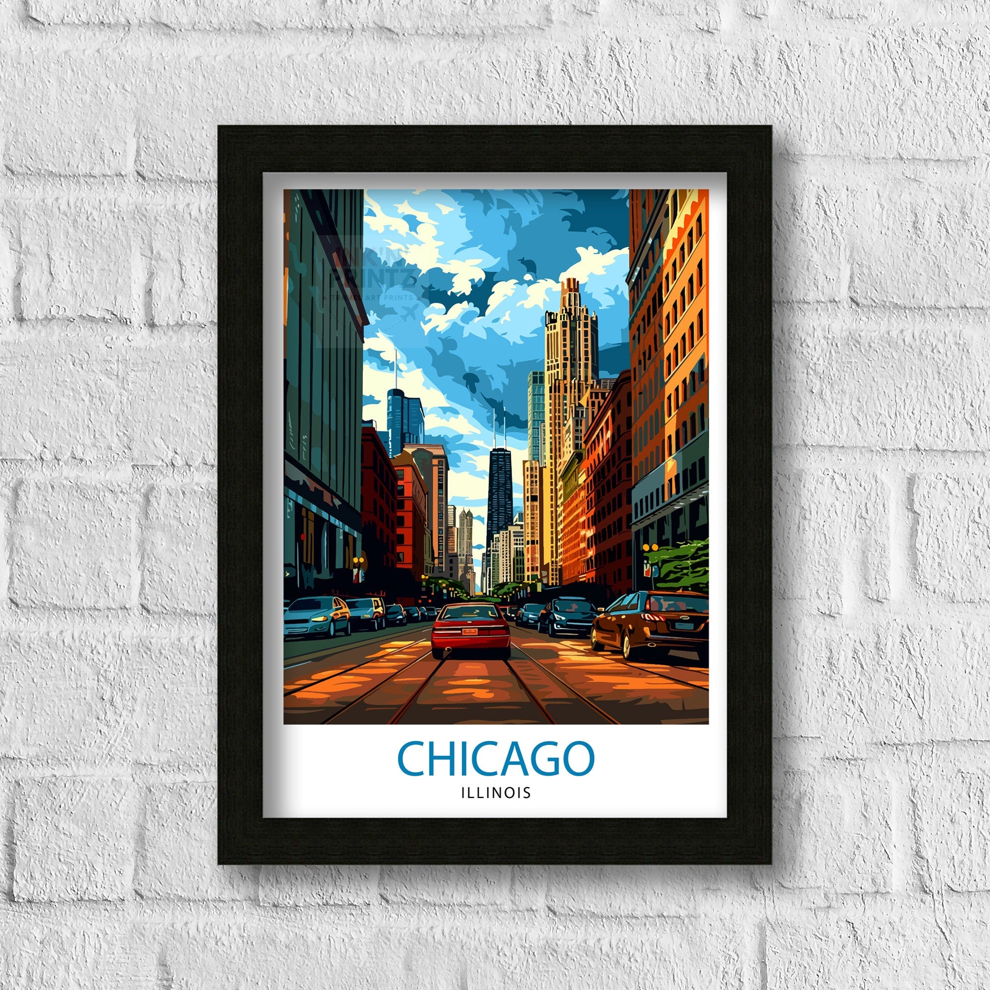 Chicago Travel Print| Chicago Wall Art Chicago Skyline Decor Illinois Travel Poster Chicago Cityscape Art Chicago Gift Chicago Home Decor