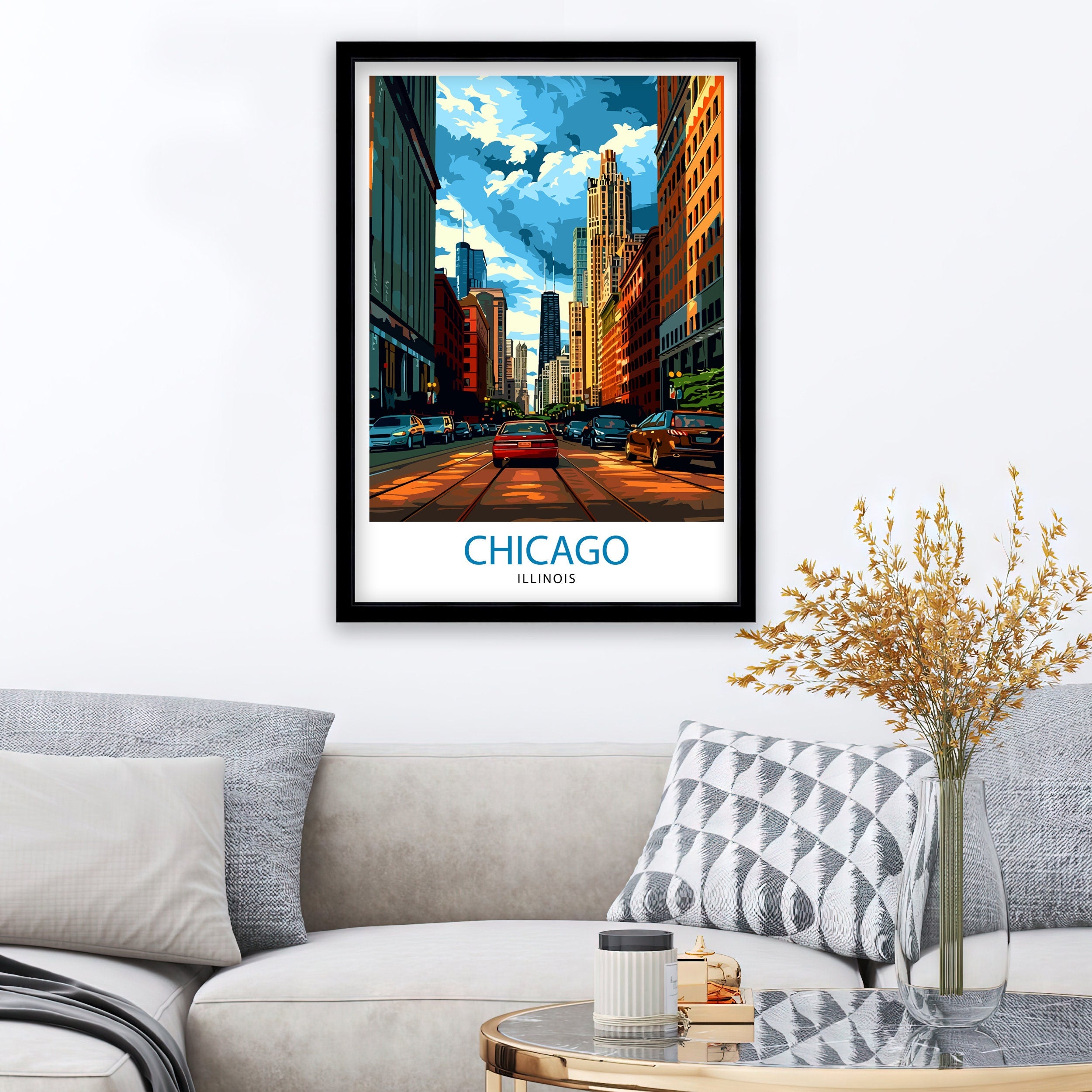Chicago Travel Print| Chicago Wall Art Chicago Skyline Decor Illinois Travel Poster Chicago Cityscape Art Chicago Gift Chicago Home Decor