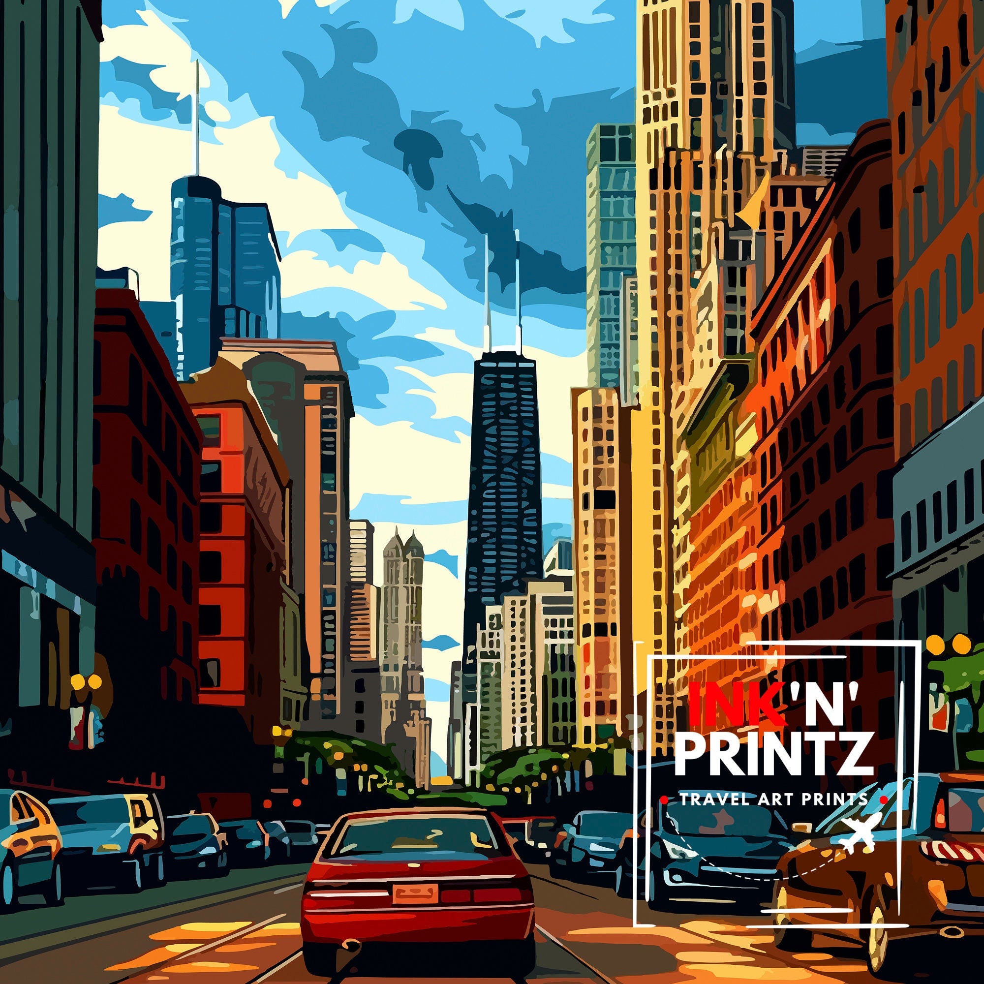 Chicago Travel Print| Chicago Wall Art Chicago Skyline Decor Illinois Travel Poster Chicago Cityscape Art Chicago Gift Chicago Home Decor
