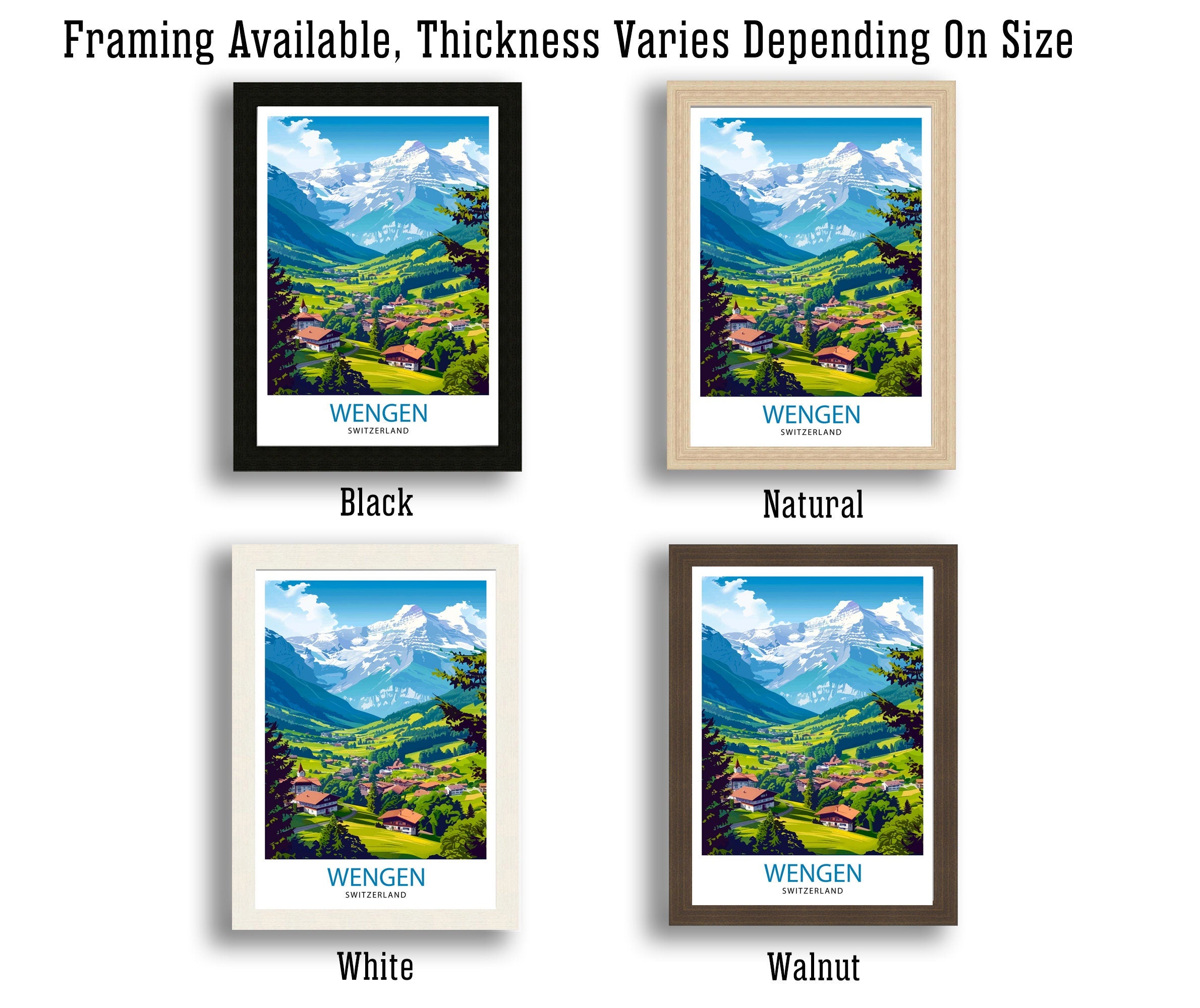 Wengen Switzerland Print Alpine Village Art Swiss Mountainscape Poster Lauterbrunnen Valley Wall Decor Swiss Alps Illustration