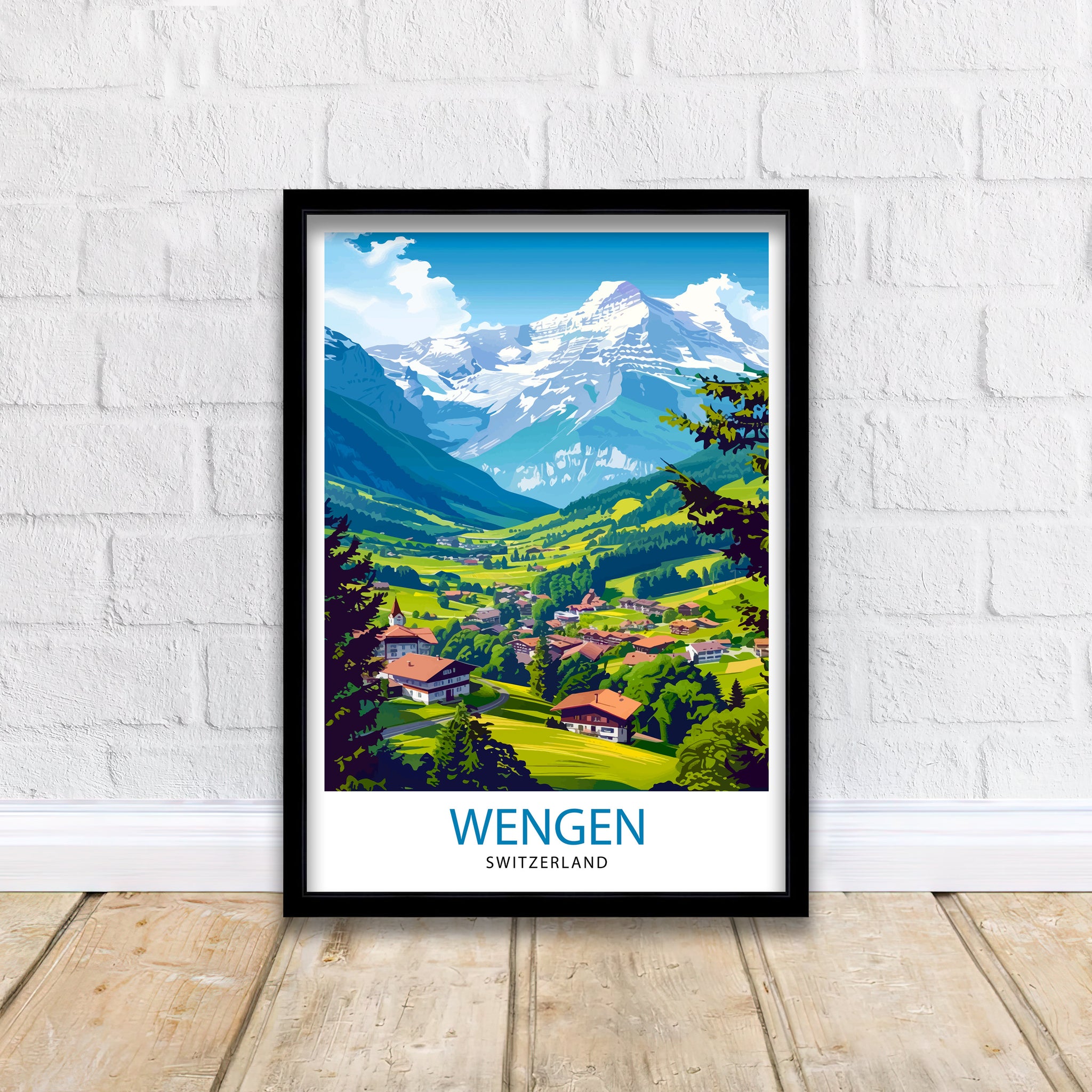 Wengen Switzerland Print Alpine Village Art Swiss Mountainscape Poster Lauterbrunnen Valley Wall Decor Swiss Alps Illustration